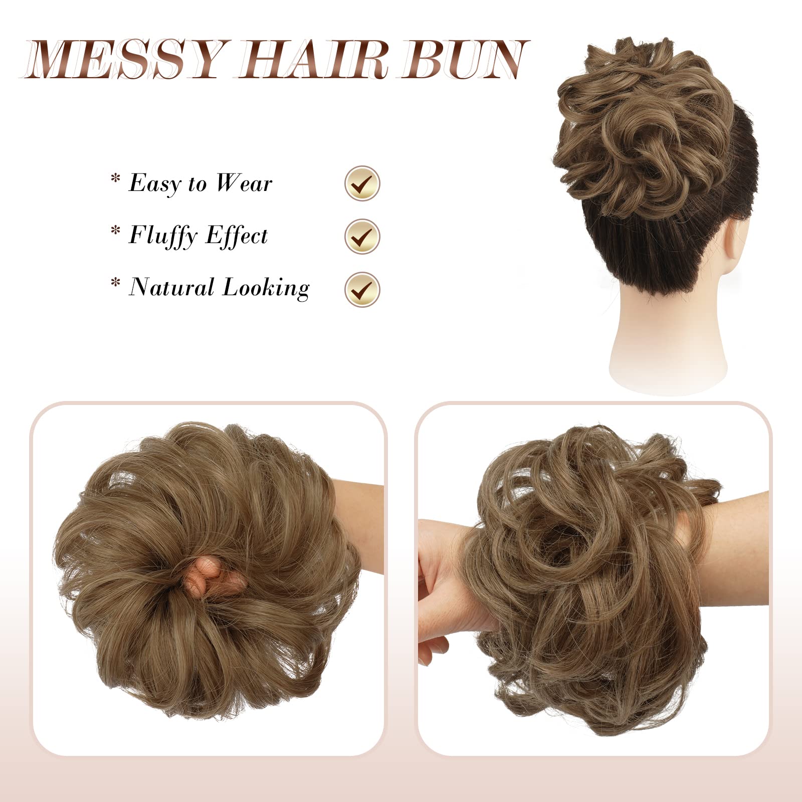 Feshfen Messy Bun Hair Piece, Messy Hair Bun Scrunchies For Women Synthetic Wavy Chignon Ponytail Hair Extensions Thick Updo Hai