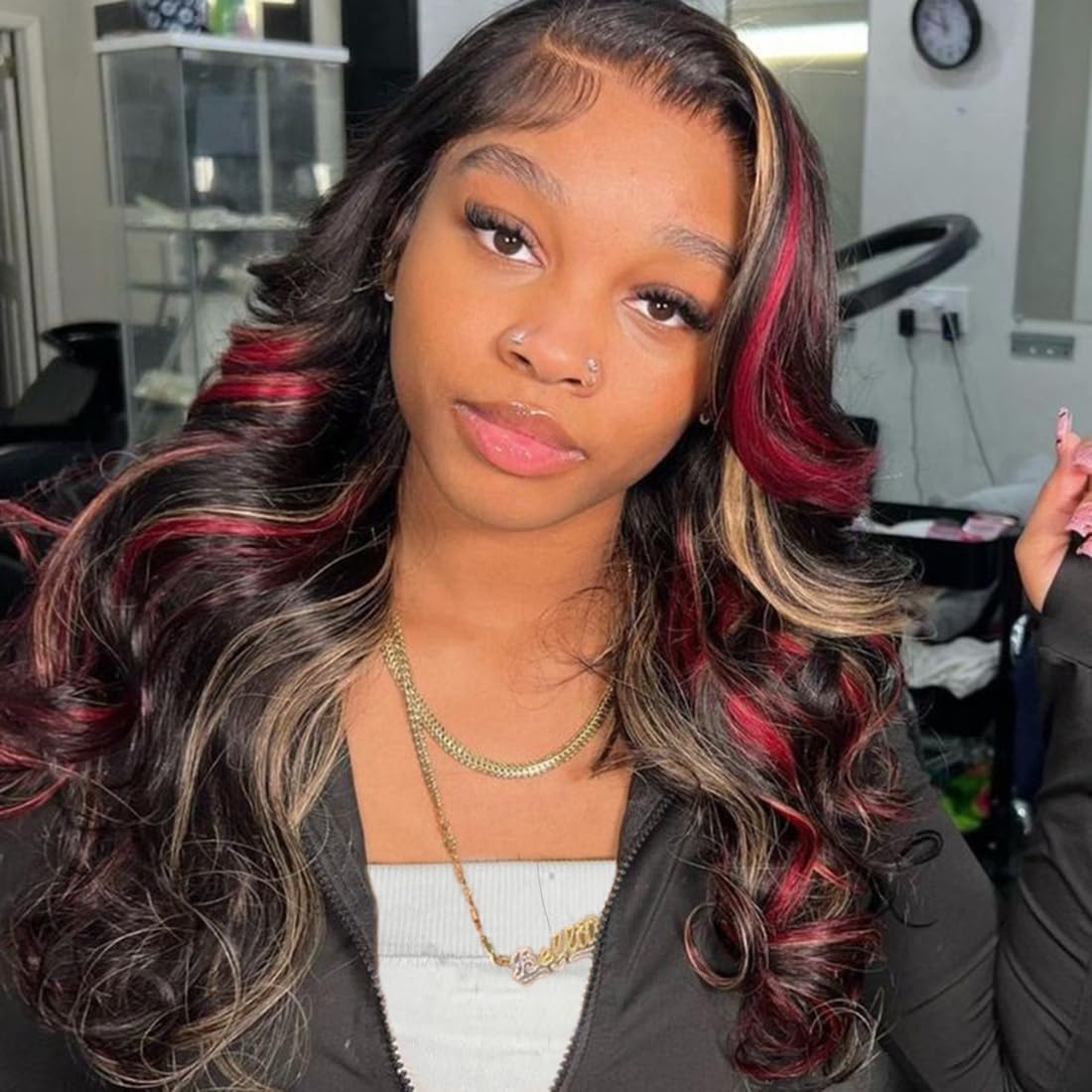 Skunk Stripe Human Hair Balayage Wig Red Black Blonde Highlight Wig Human Hair Body Wave 180% Density Blonde Red Highlights 13X4