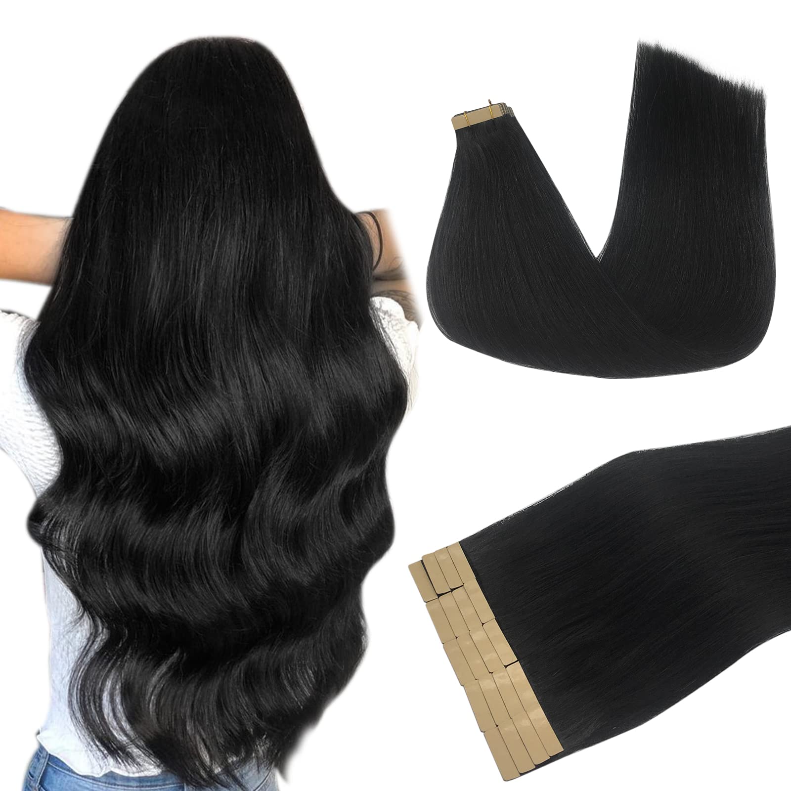 Doores Tape In Hair Extensions Human Hair, 18 Inch 50G 20Pcs Jet Black, Human Hair Extensions Tape In Remy Straight Hair Extensi