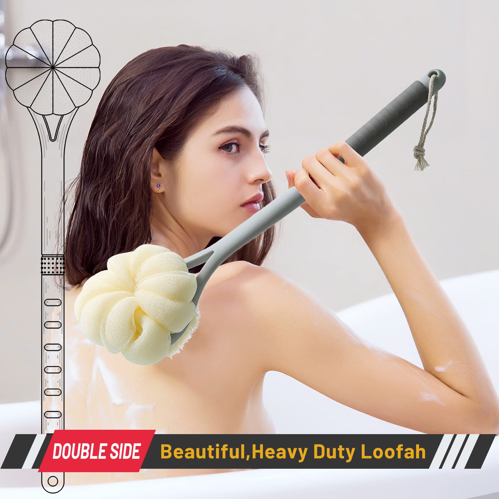 Shower Body Brush,Soft Bristles And Beautiful Pumpkin Loofah 14 Long Handle Back Scrubber Bath Mesh Sponge For Skin Exfoliating