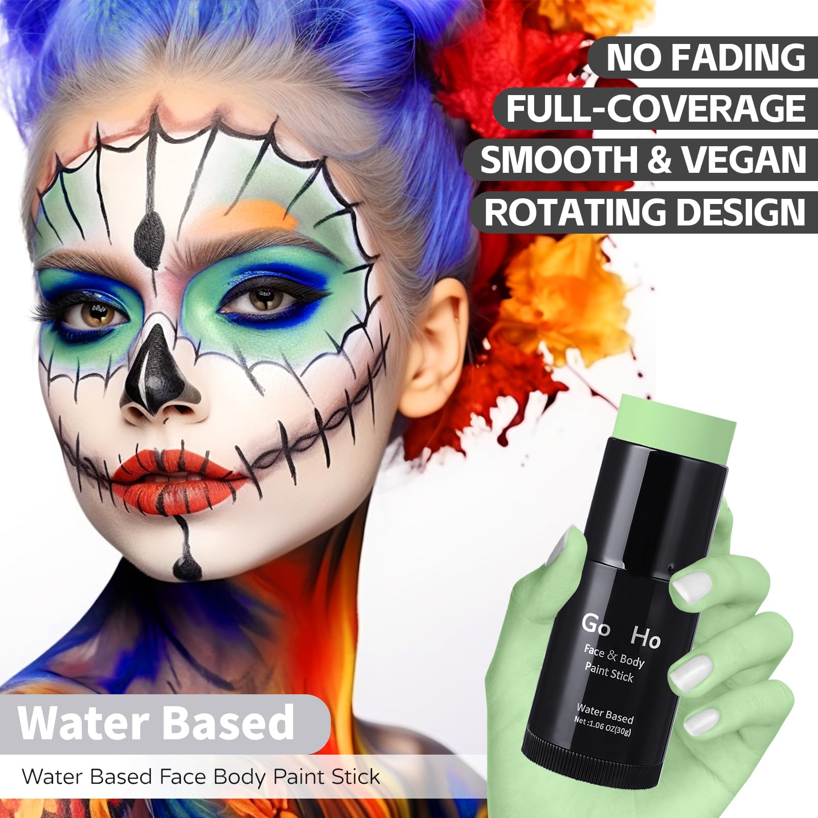 Go Ho Pastel Green Face Body Paint Stick,Water Based Washable Light Green Face Paint Stick,Non-Toxic Full-Coverage Cream Light G