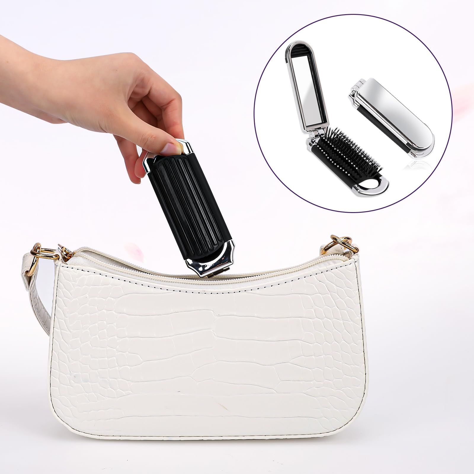 1 Pack Folding Compact Hair Brush With Mirror - Travel Pocket-Size Massage Comb For Hair Styling, Gym, Trips, And Purse (Removab
