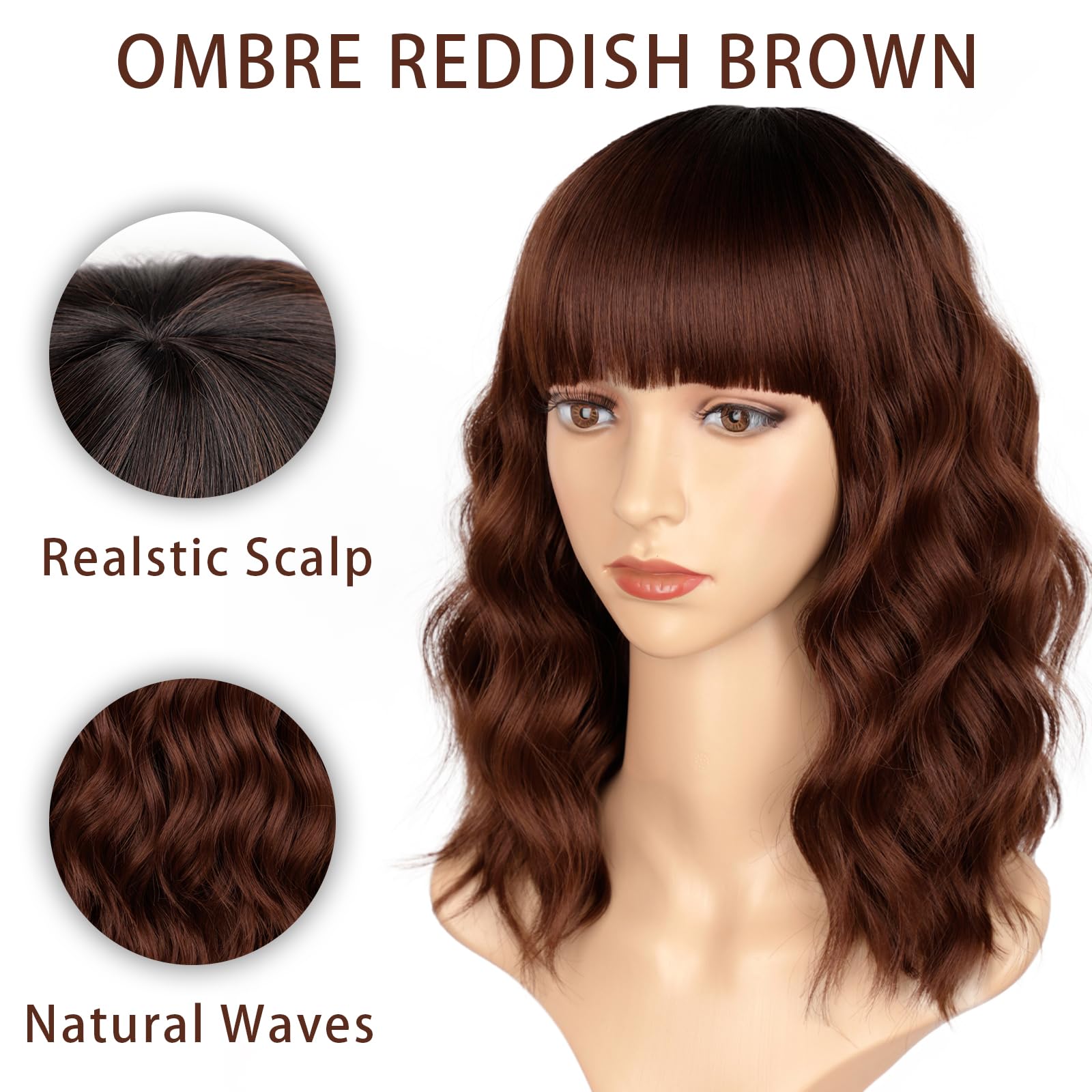 Aisi Hair Synthetic Wavy Curly Bob Wig With Bangs Ombre Reddish Brown Wig Short Bob Wavy Hair Wigs For Women Synthetic Heat Resi