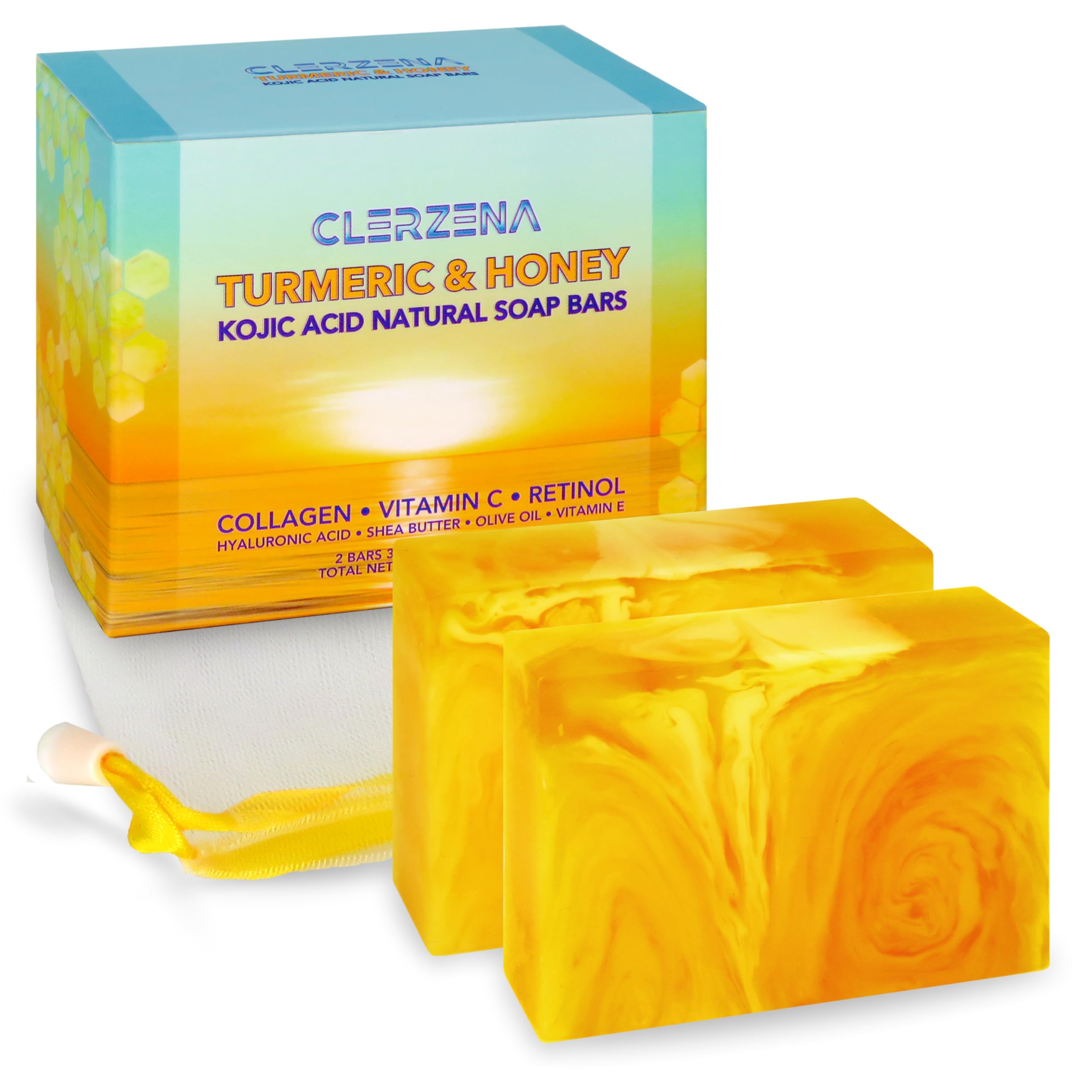CLERZENA Honey Turmeric Kojic Acid Soap Bars for Dark Spots | Vitamin C & E, Retinol, Collagen Spot Treatment for Face Soap Bars
