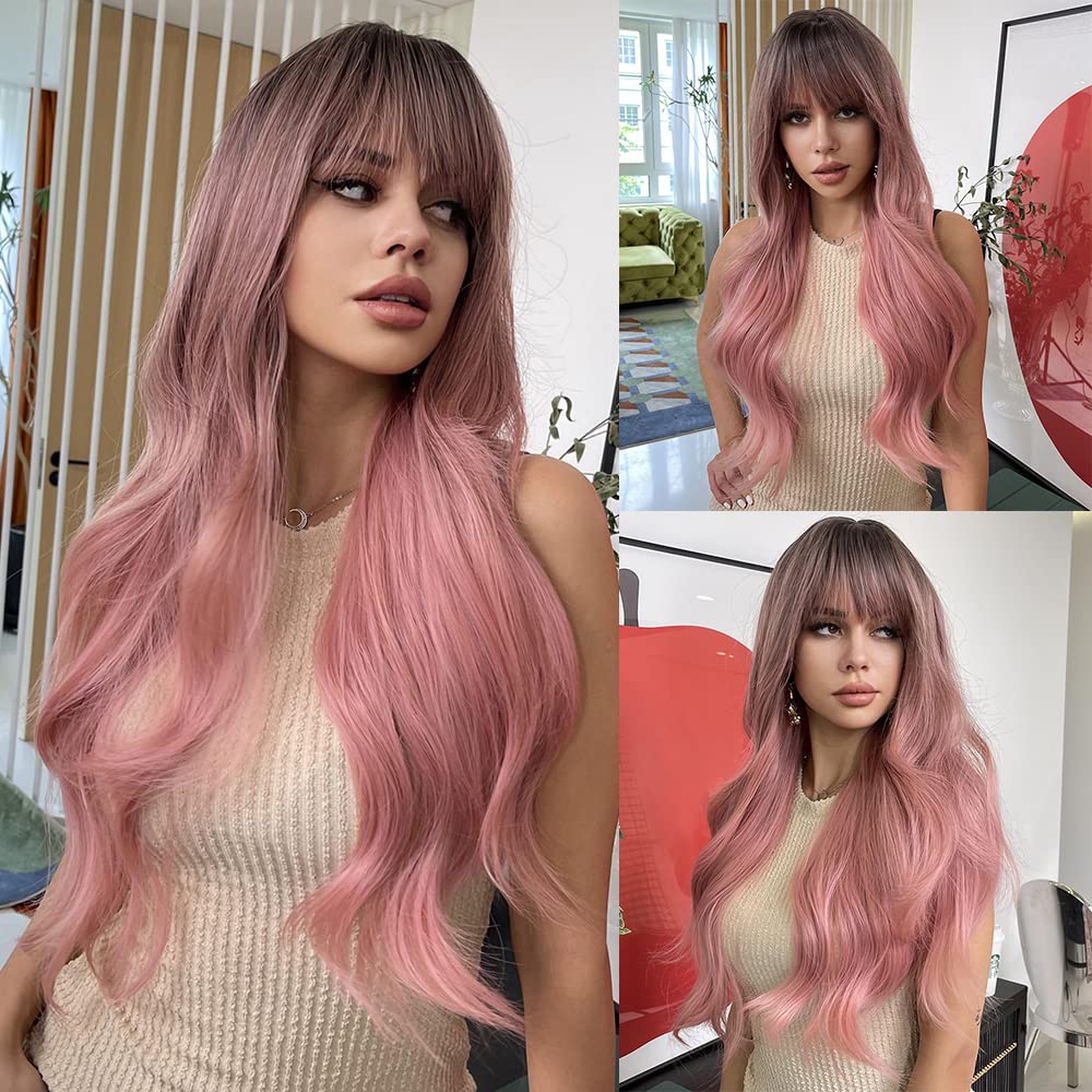 JOOLER Pink Wig With Bangs Ombre Pink Wigs For Women Long Wavy Wigs Cute Pink Light Cosplay Party Wig Heat Resistant Dark Roots 