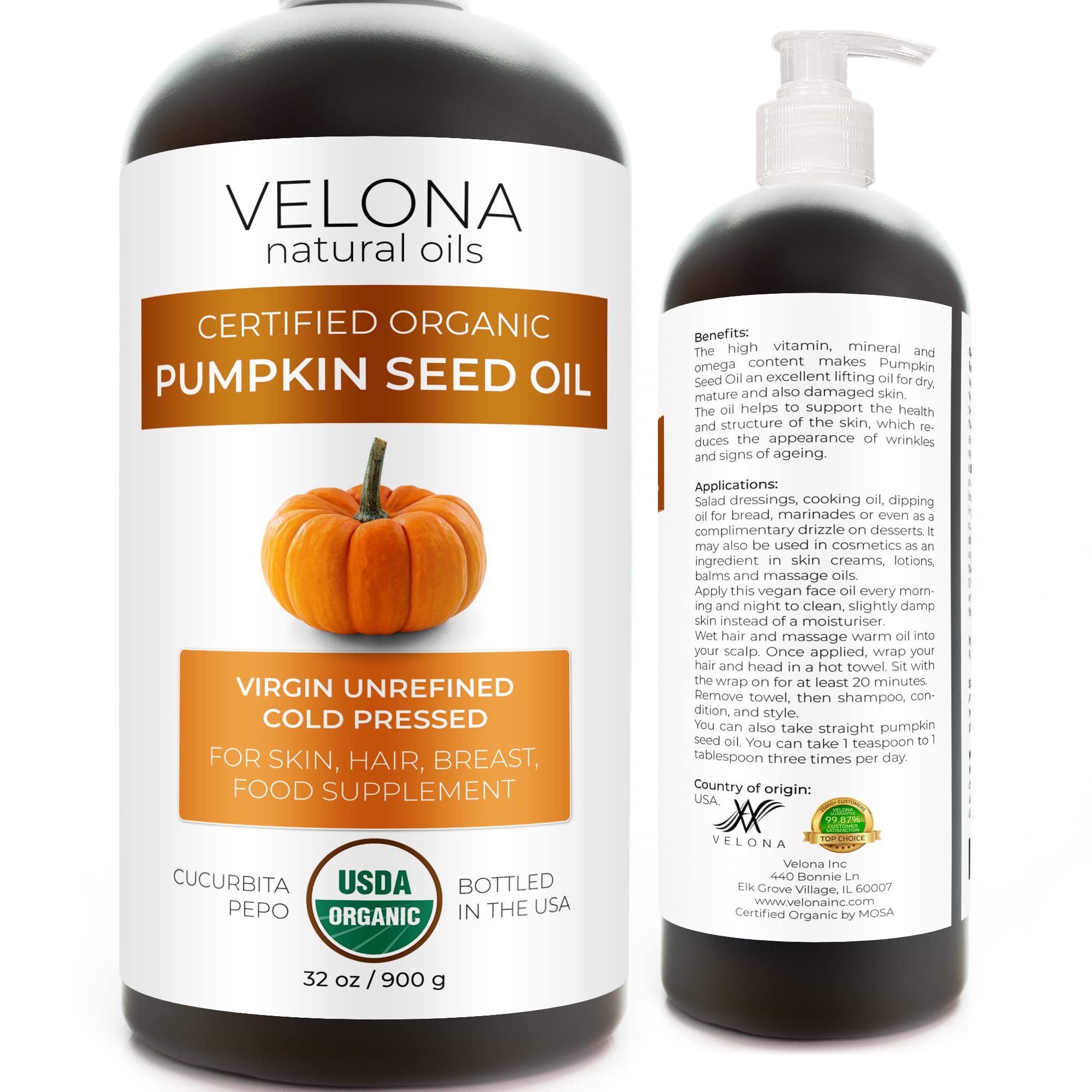 Velona Pumpkin Seed Oil Usda Certified Organic - 32 Fl Oz | 100% Pure And Natural Carrier Oil | Unrefined, Cold Pressed | Cookin