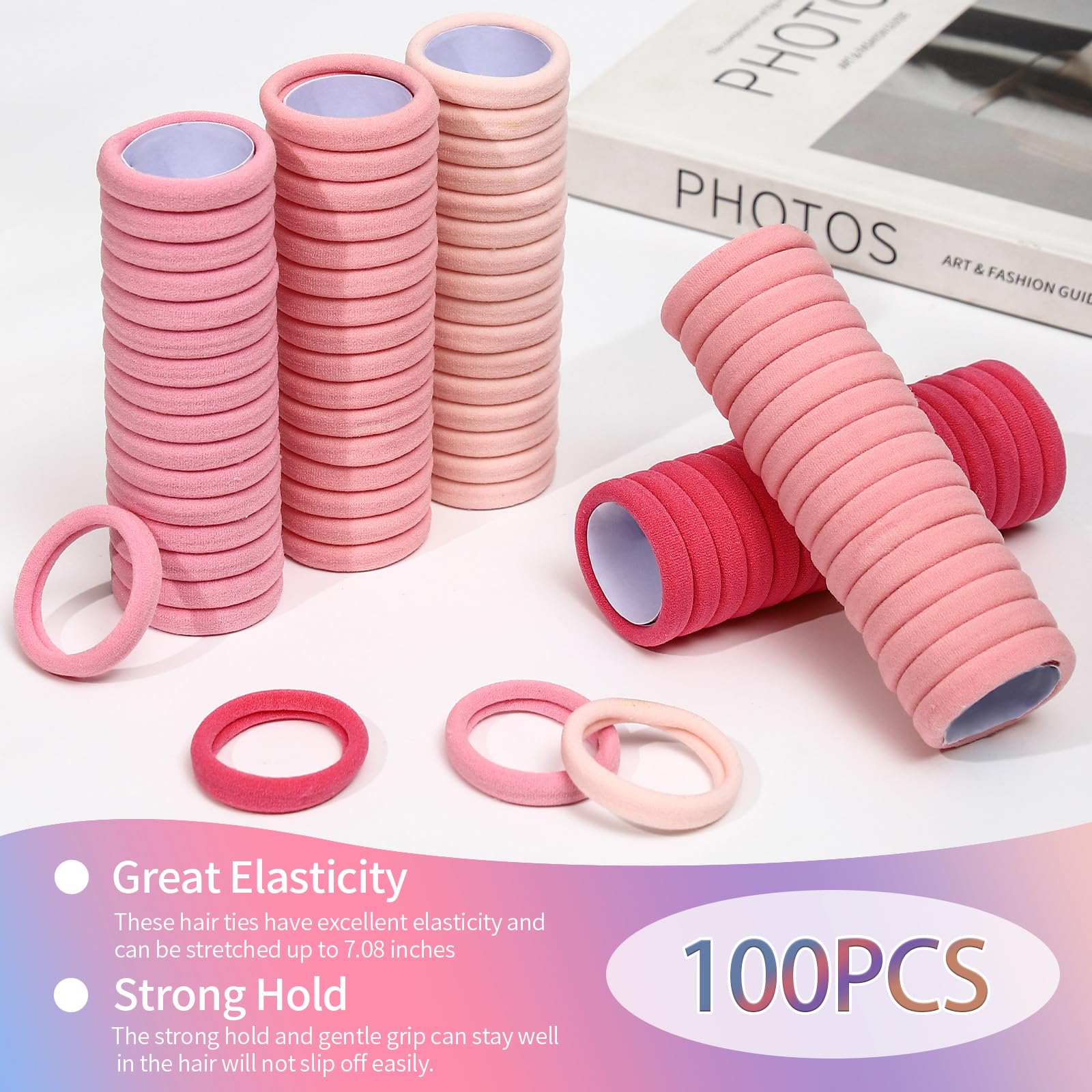 Bessrung 100PCS Elastic Hair Ties No Damage, Seamless Nylon Hair Bands for Women Girls, Soft Stretchy Ponytail Holder No Crease