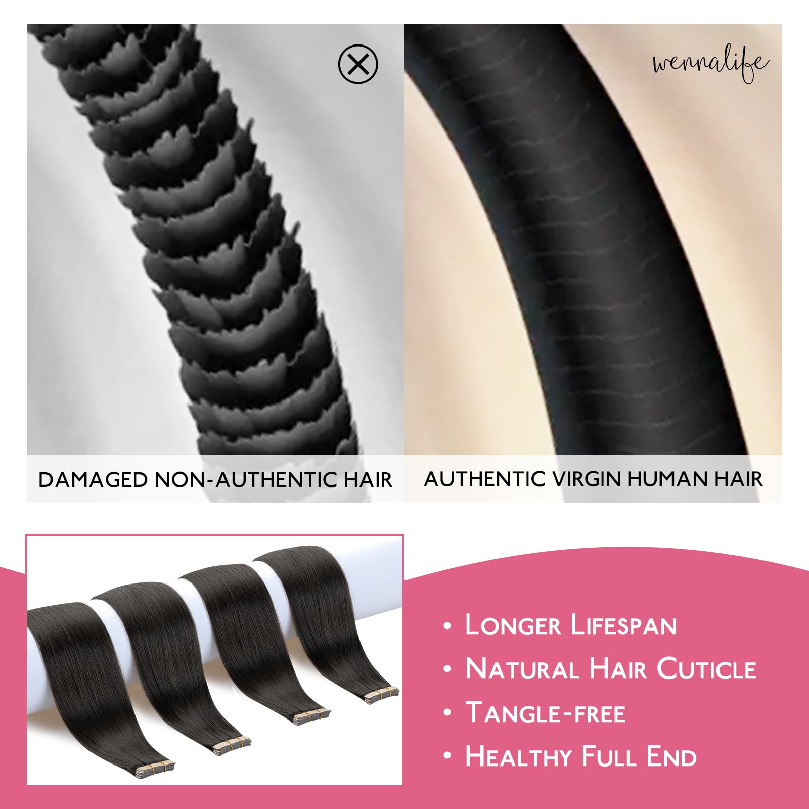 Wennalife Tape In Hair Extensions Human Hair Natural Black Tape In Extensions, 10Pcs 30G 20 Inch Remy Invisible Tape Ins Straigh