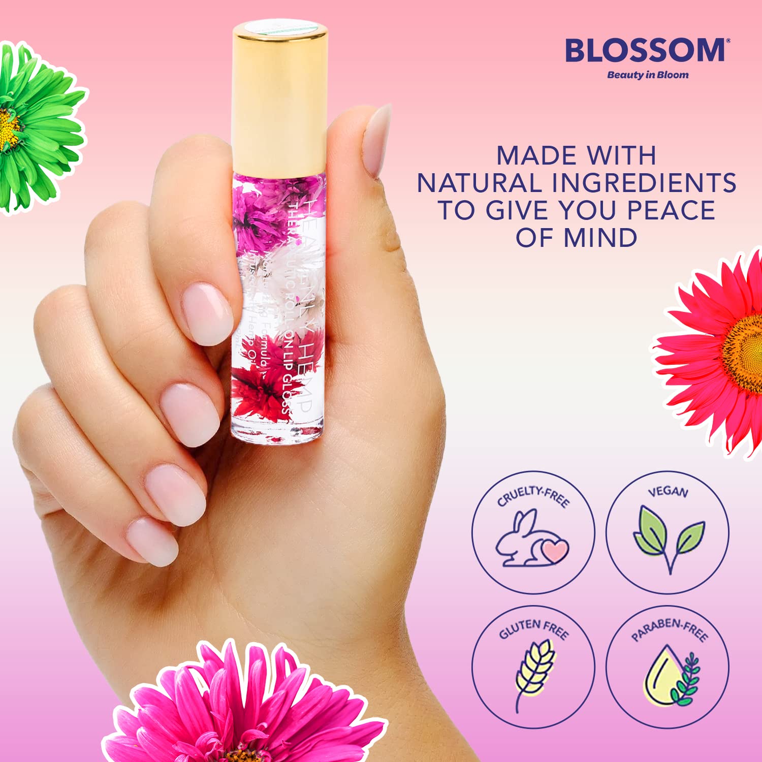 Blossom Scented Heavenly Hemp Therapeutic Roll On Lip Gloss, Infused With Real Flowers, Made In Usa, 0.20 Fl. Oz./5.9Ml, Waterme