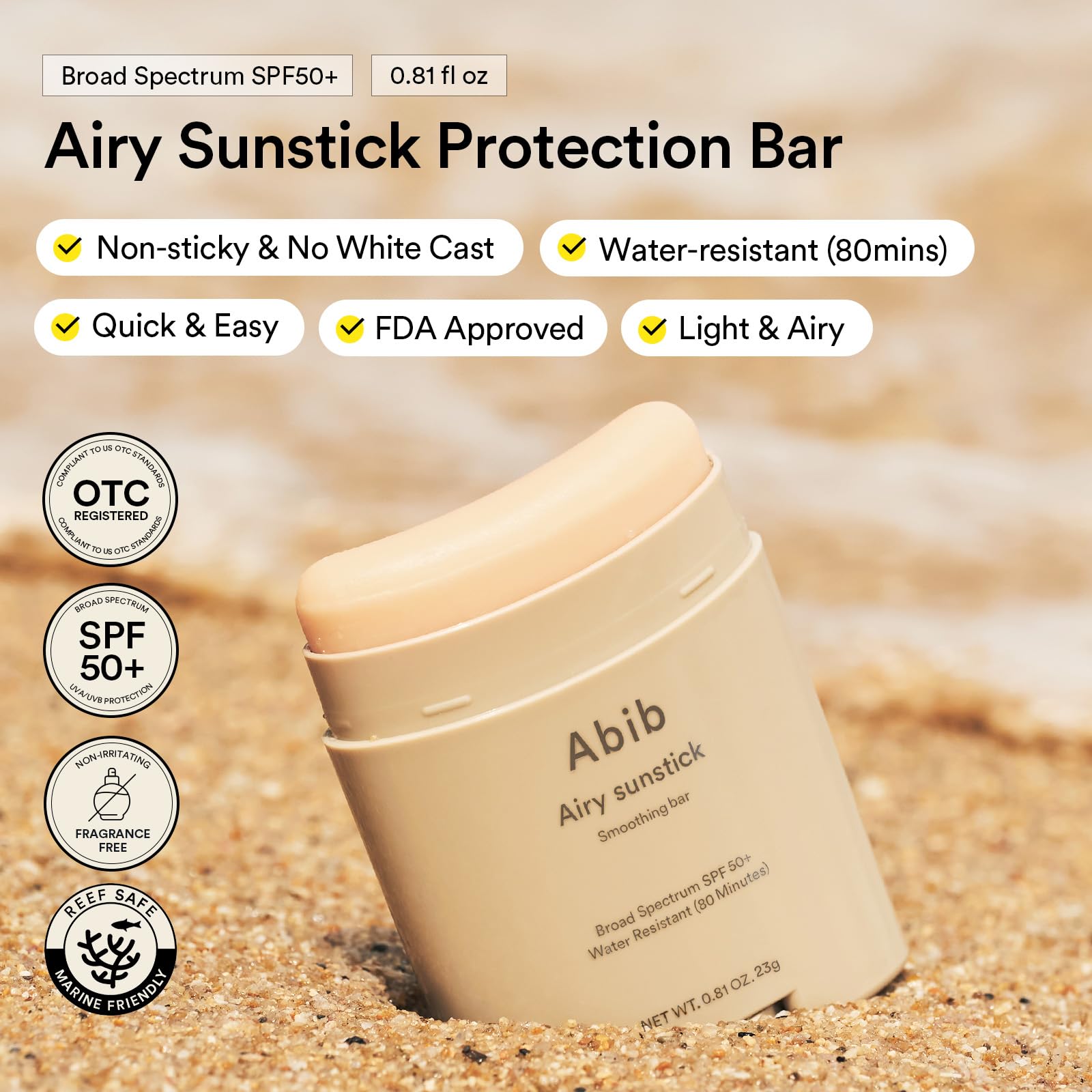 Abib Airy Sunstick Smoothing Bar Spf50 | Non-Sticky Matte Finish Sun Protection For Face And Body, Long-Lasting Korean Sun Stick
