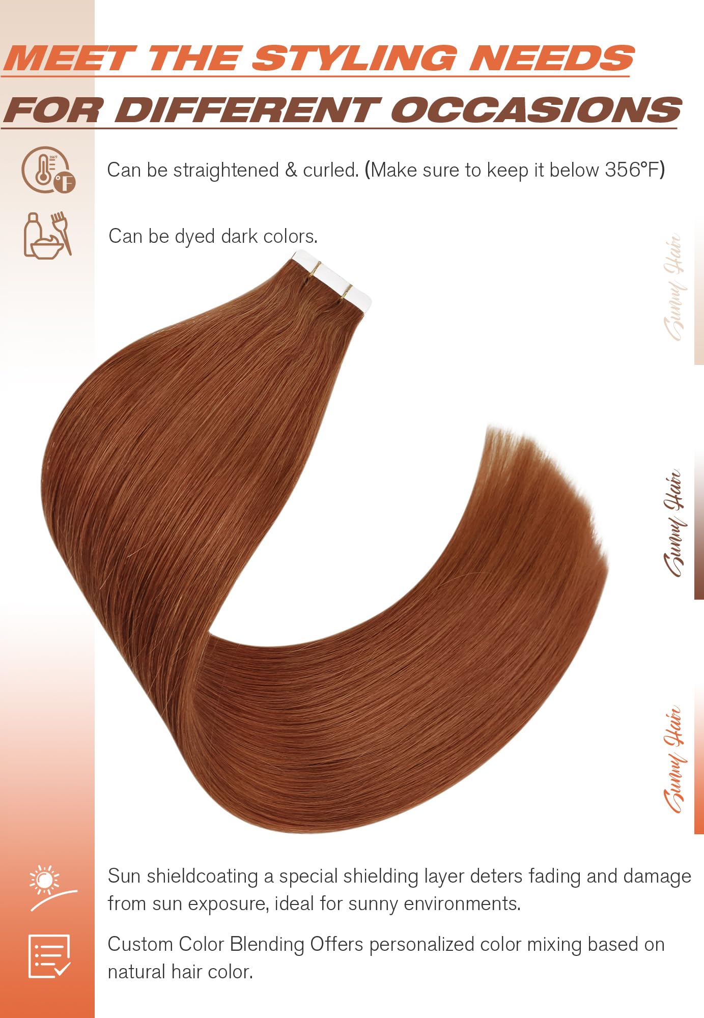 Sunny Hair Tape in Hair Extensions Real Human Hair Invisible Remy Hair Extensions Tape ins for Women Copper Red 20 inch 20Pcs 50