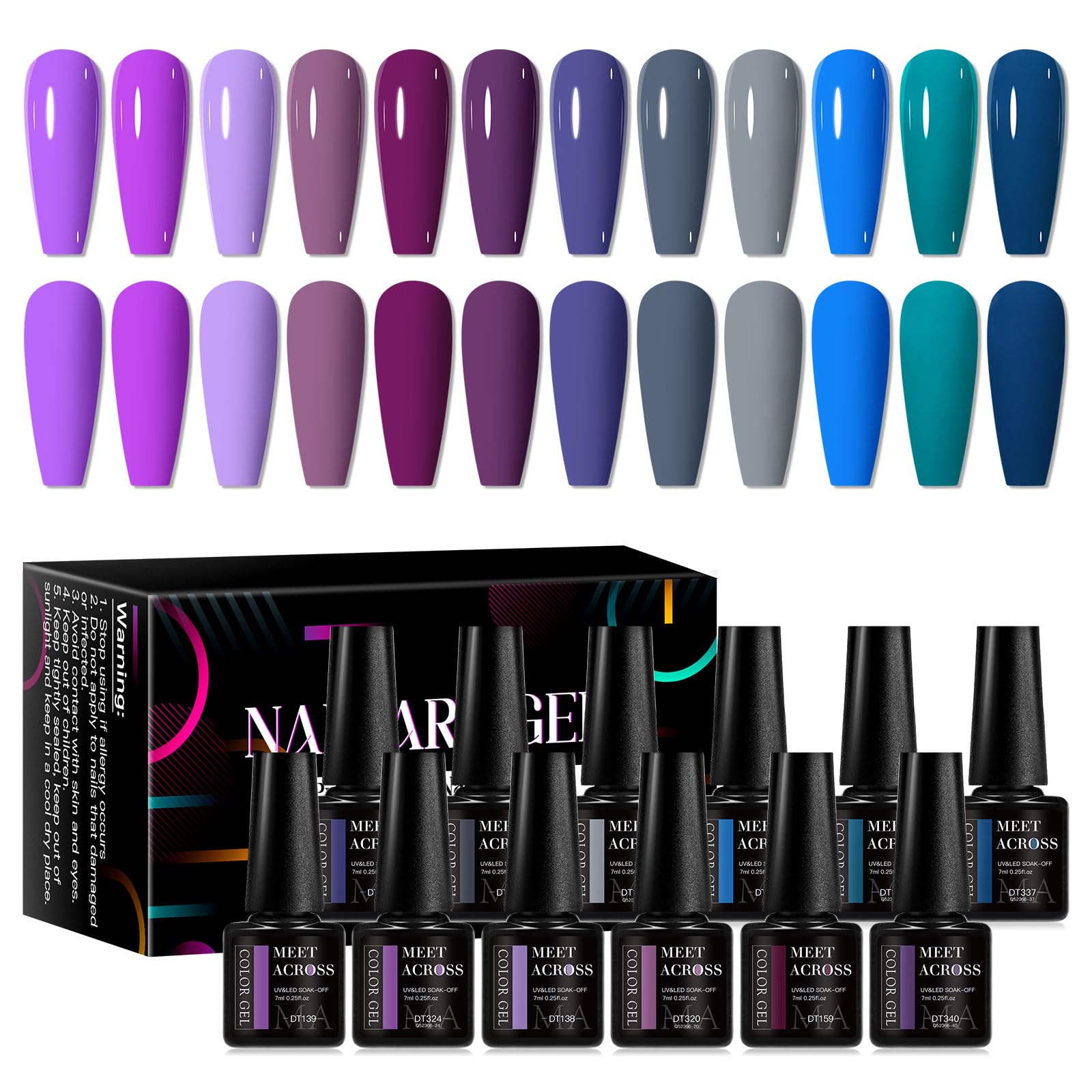 MEET ACROSS Gel Nail Polish 12pcs Blue Purple Gel Polish Set Soak Off UV LED Nail Art Manicure DIY Home Salon Gift for Women