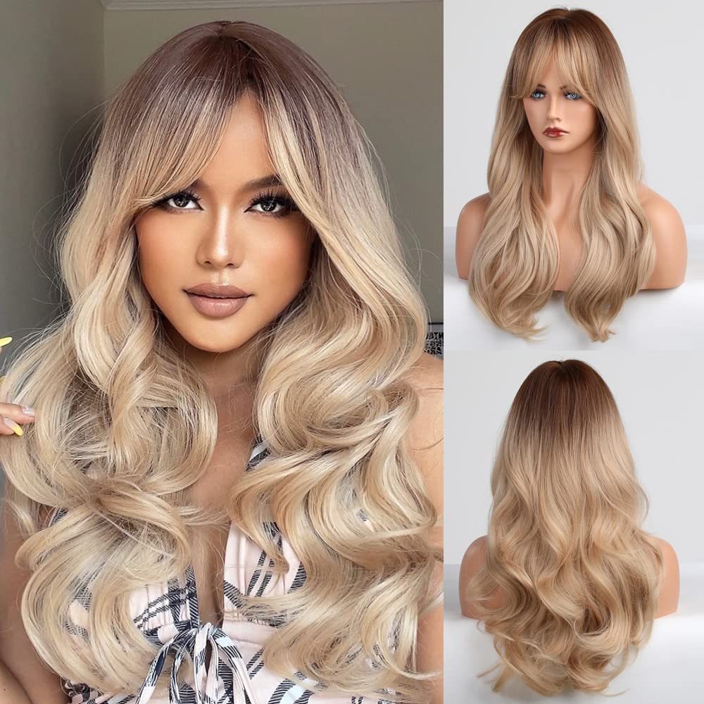 HAIRCUBE Long Blonde Wigs for Women Wave Curly Wig with Bangs Natural Brown Roots Synthetic Wigs for Daily Use