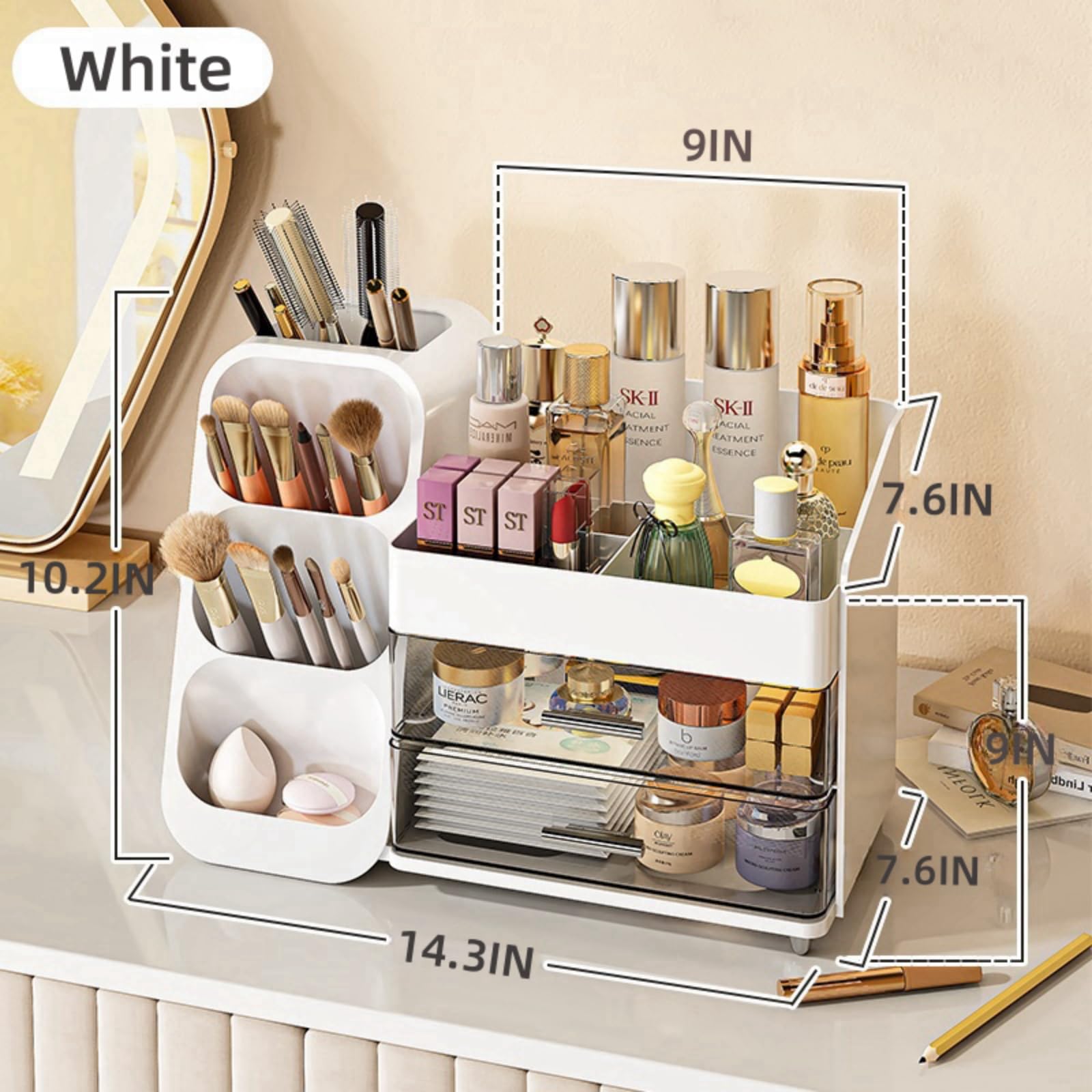 Kqjs Makeup Organizer With Drawers,Large Capacity Countertop Organizer For Vanity,Bathroom And Bedroom Desk Cosmetics Organizer,
