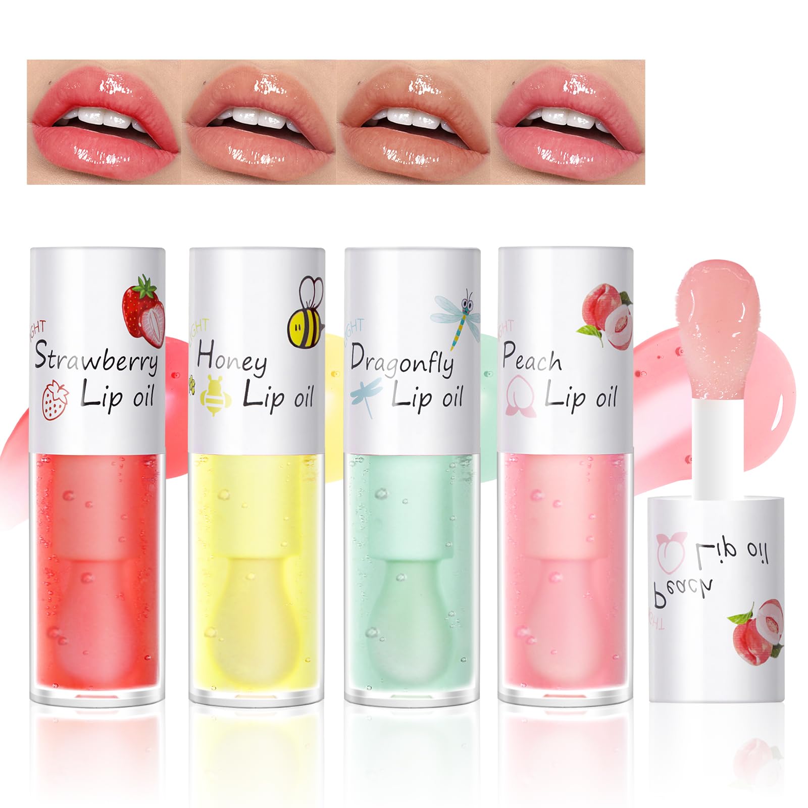 HOSAILY 4 Pcs Crystal Jelly Lip Oil, Fruit Flavoured Hydrating Honey Lip Glow Oil Lip Care, Moisturizing Long Lasting Clear Lip 