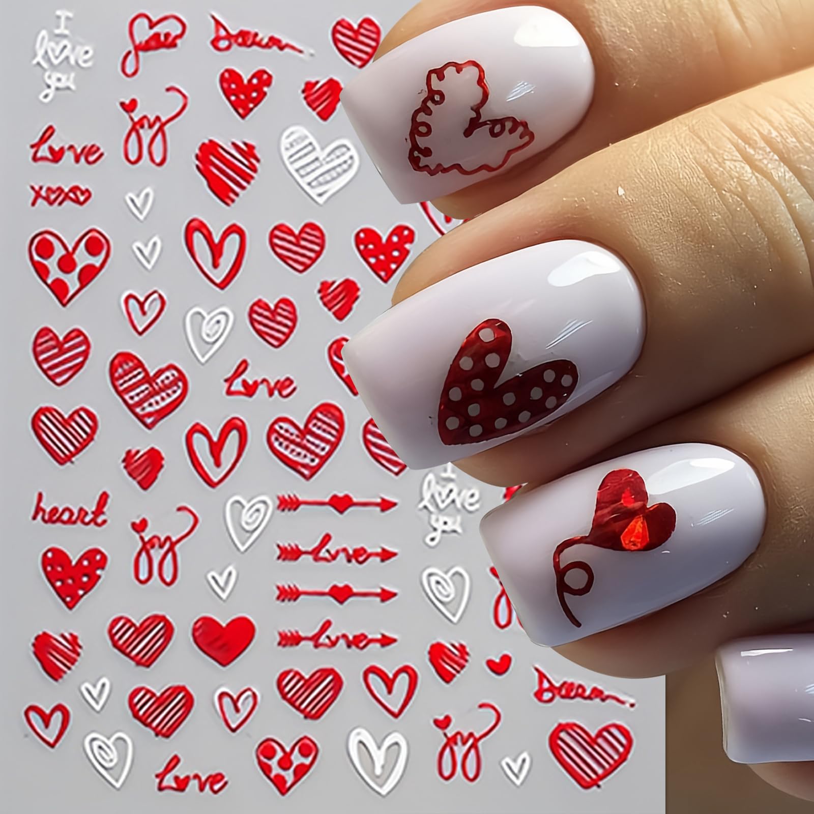 8Pcs Valentines Day Nail Art Stickers Decal Red Heart Nail Sticker 3D Self-Adhesive Red White Love Heart Letter Nail Design Vale
