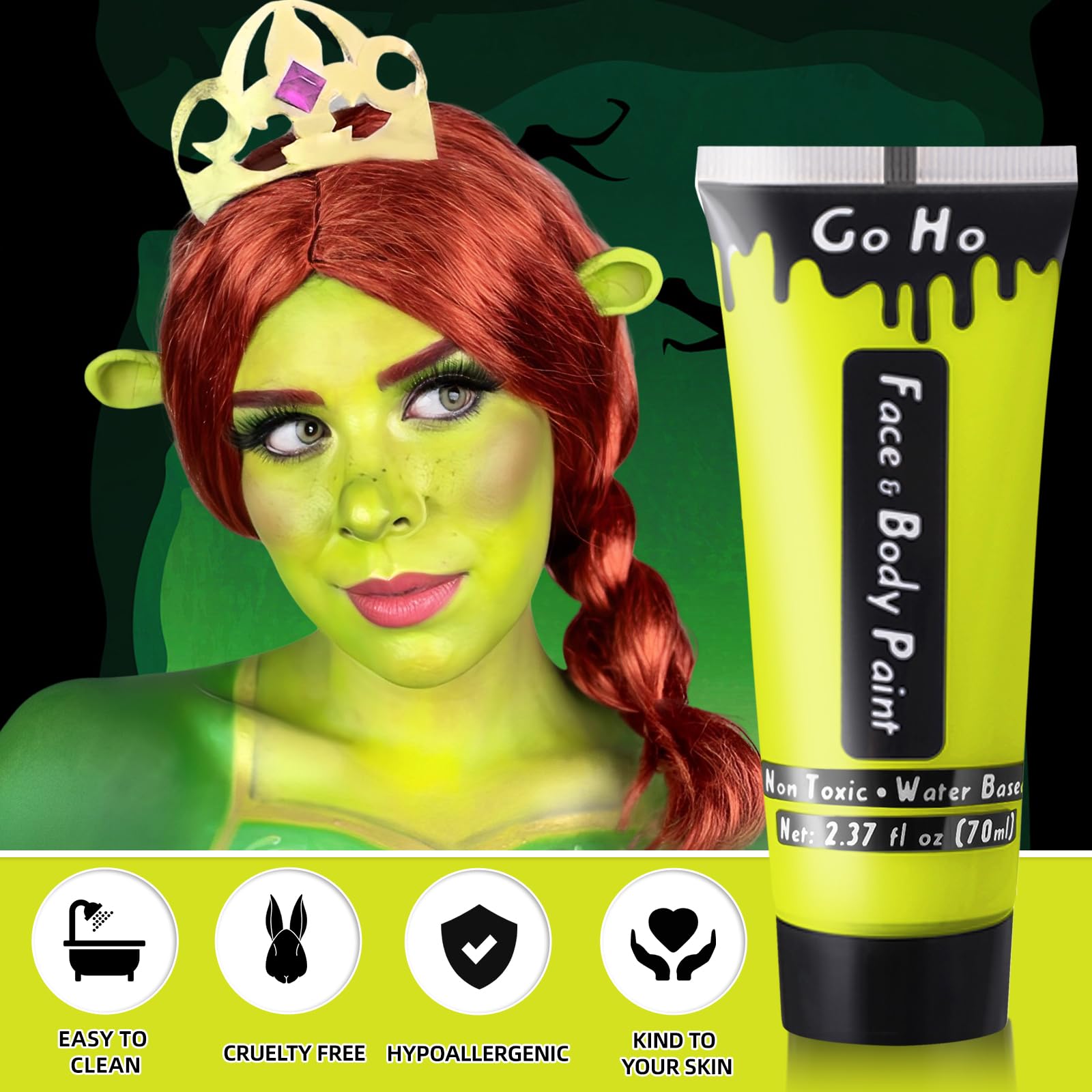 Go Ho Ogre Green Face Body Paint Washable(2.37Oz,70Ml),Water Based Cream Ogre Green Face Paint And Body Paint,Halloween Costumes