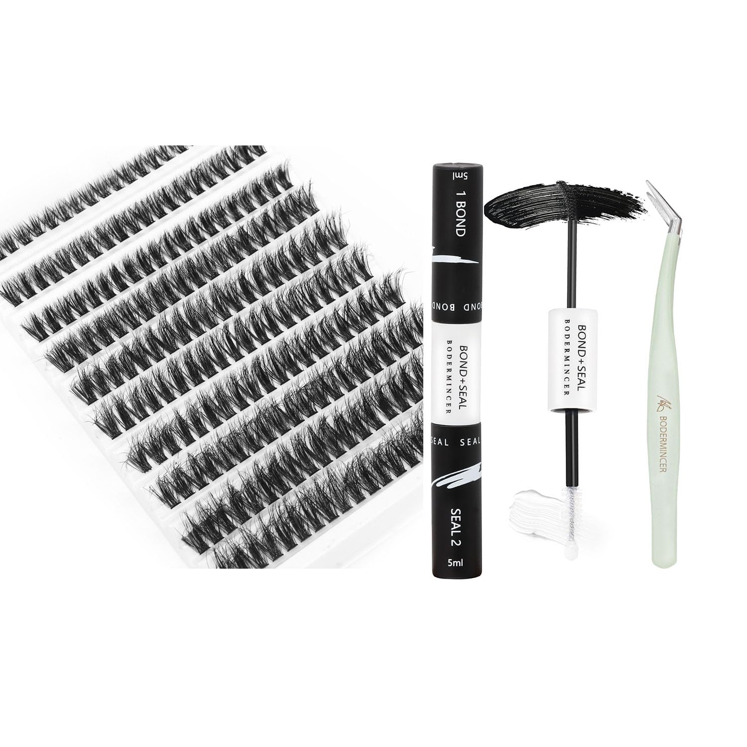 Bodermincer 8-16mm Mixed Fluffy False Eyelashes Length Tray D Curl 50D Fluffy Cluster Eyelashes with Bond & Seal, Applicator at 