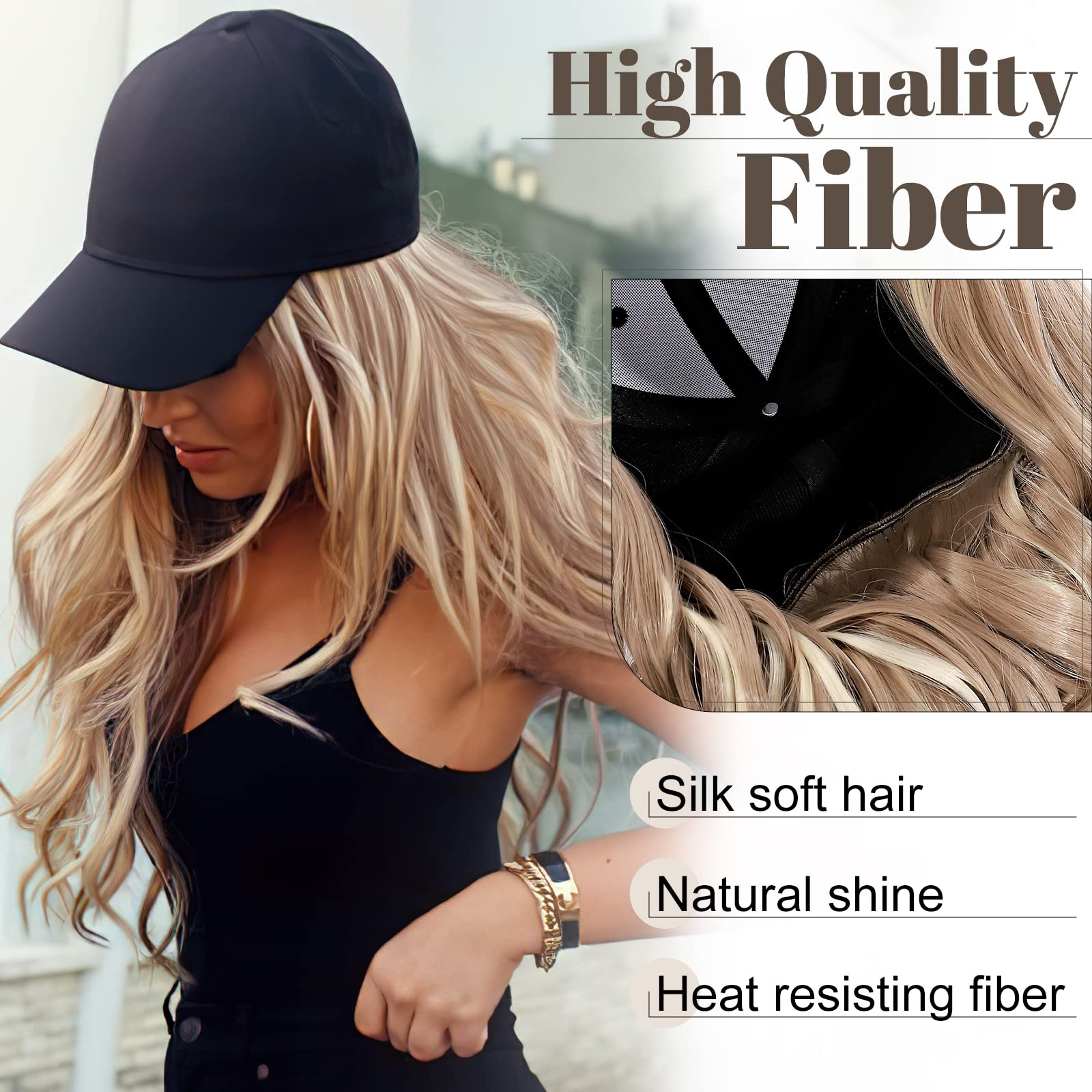 Sego Baseball Cap With Hair Extensions For Women Heat Resistant Synthetic 16'' Adjustable Long Wavy Hairpiece Replacement Wigs I