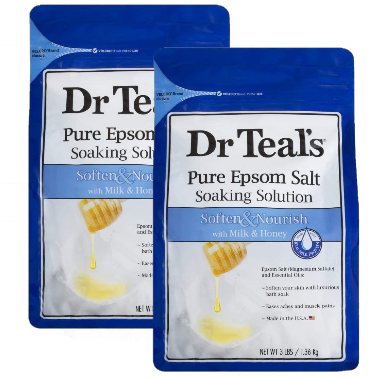 Dr. Teals Soften & Nourish with Milk & Honey Soaking Solution Gift Set (2 Pack, 3lbs ea.) - Pure Epsom Salt & Essential Oils Sof