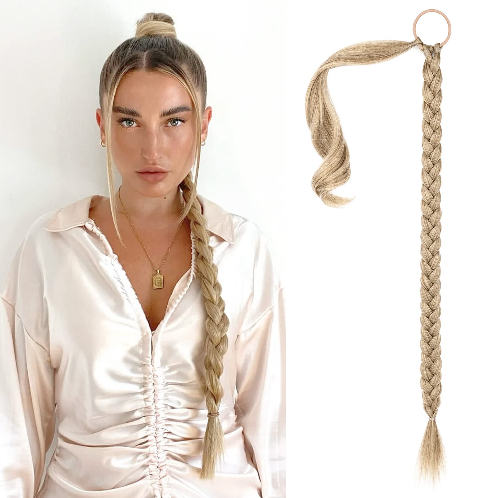 SEIKEA Long DIY Braided Ponytail Extension with Hair Tie Straight Wrap Around Hair Extensions Ponytail Natural Soft Hairpiece Bl