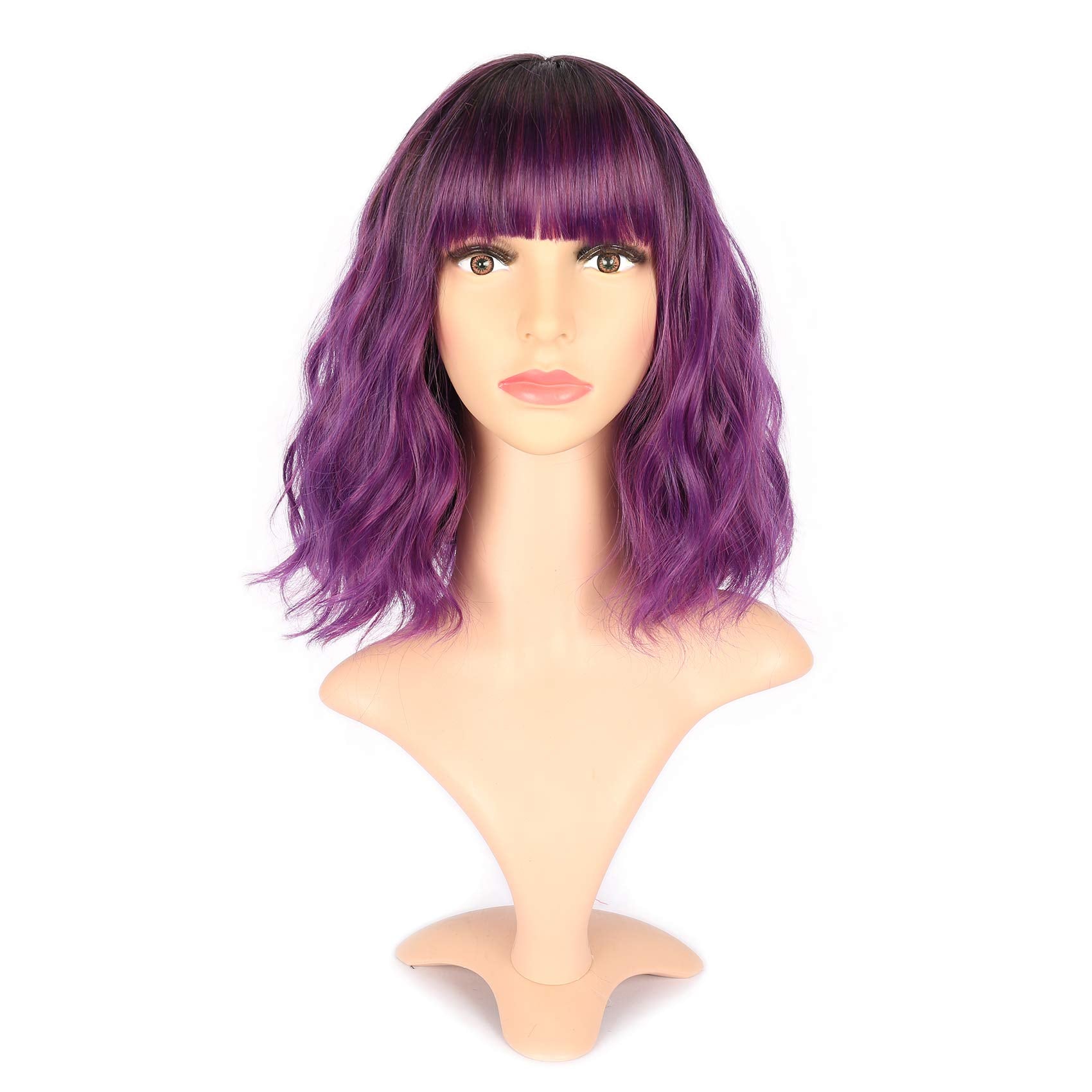 VCKOVCKO Ombre Color Natural Wavy Bob Wig With Air Bangs Short Bob Wigs Women's Shoulder Length Wigs Black to Purple Curly Wavy 