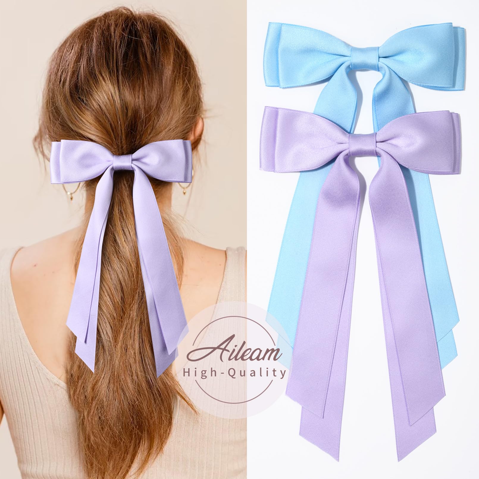 2Pcs Silky Satin Hair Bows Hair Clip Blue Purple Hair Ribbon Ponytail Holder Accessories Slides Metal Clips Hair Bow For Women G