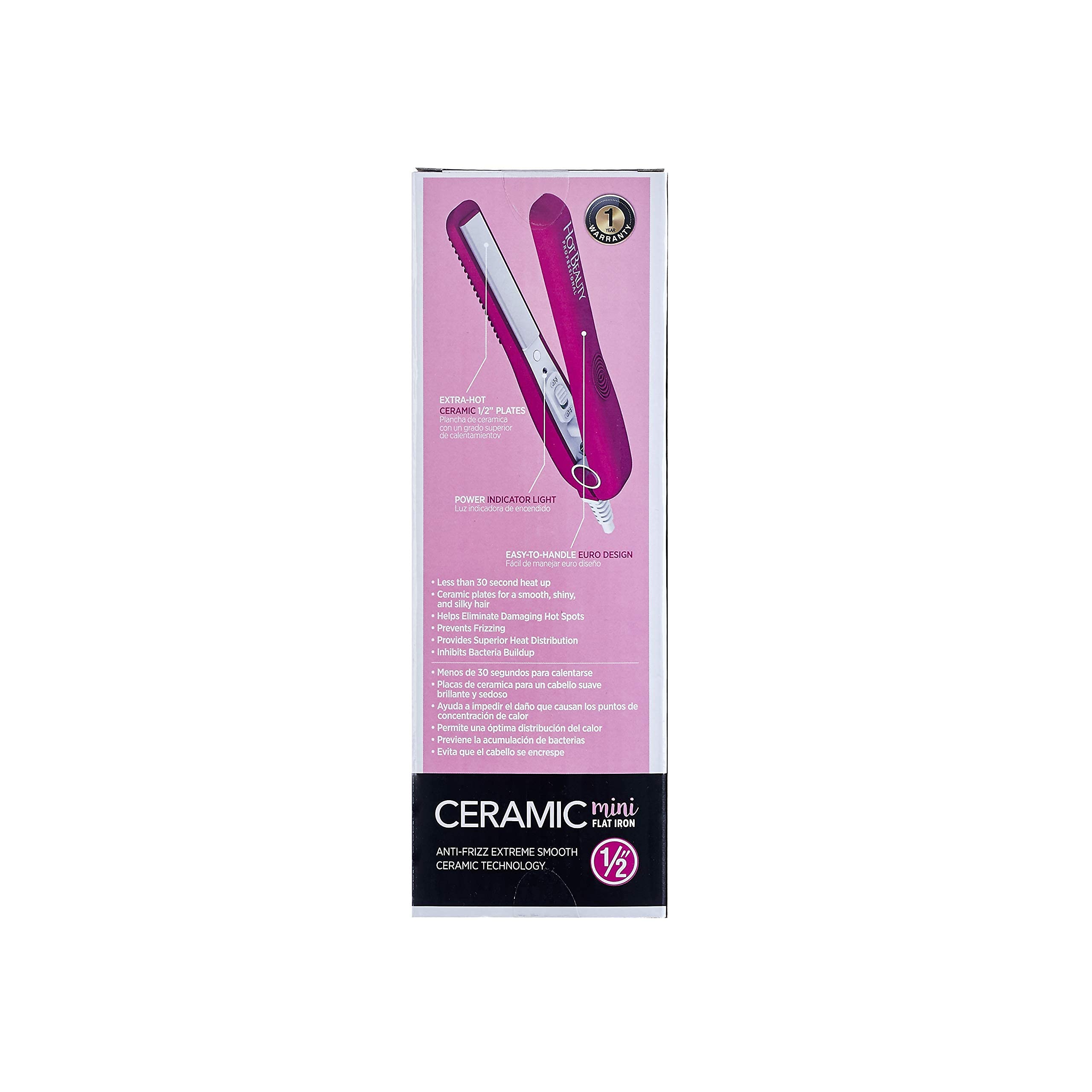 Hot Beauty Professional Ceramic Mini Flat Iron 1/2'' Anti-Frizz Extreme Smooth (Pink) Travel Pouch Included