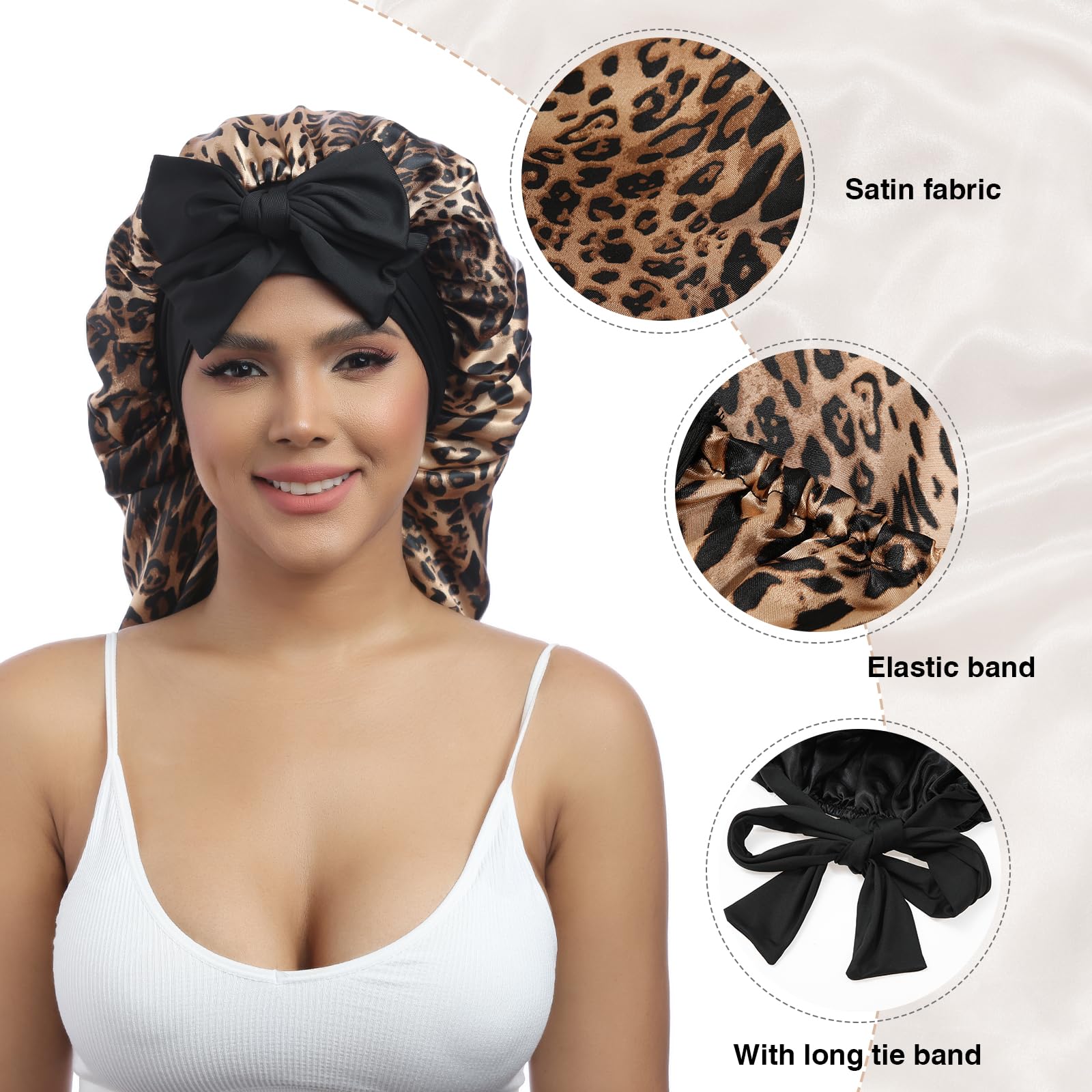 Awaytr Long Satin Bonnet For Braids - Elastic Silk Hair Bonnets For Sleeping Night Cap Stretchy Tie Band For Women(Leopard)