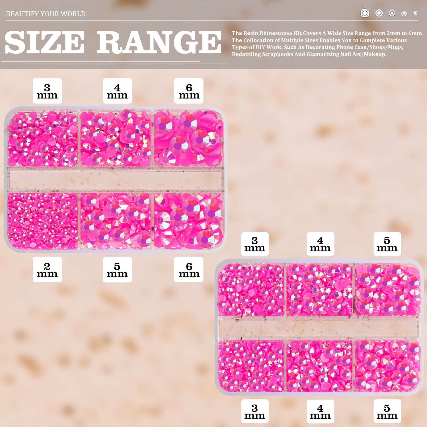 Belleboost Resin Rhinestones Kits, 2/3/4/5/6Mm Flatback Jelly Rhinestones, 2 Box Hot Pink Ab Non Hotfix Crystal Gems For Diy Cra
