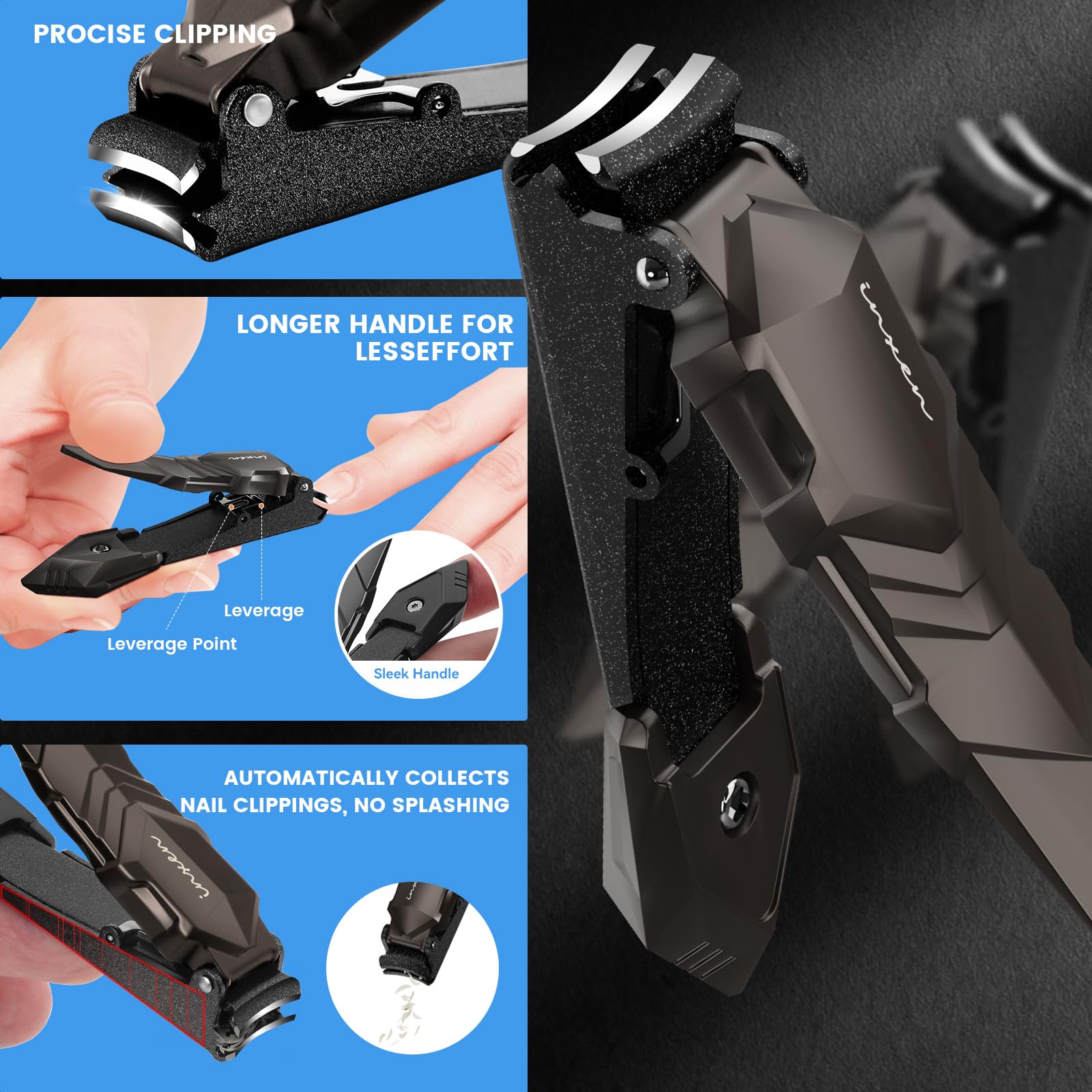 INXEN Heavy Duty Nail Clippers for Men, Stainless Steel, Self-Collecting, Black, Model BUT02NAL34