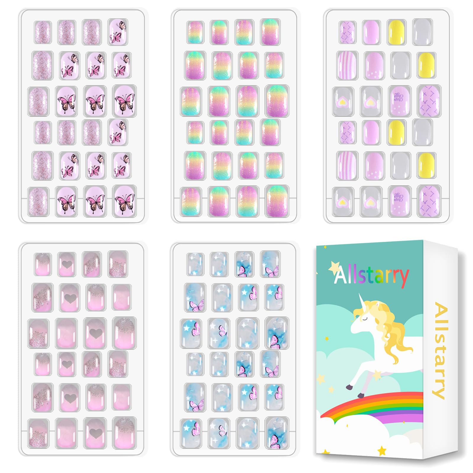 Allstarry 120pcs 5 pack Children Nails Press on Pre-glue Full Cover Butterfly Stripe Gradient Short False Nail Kits Lovely Gift 