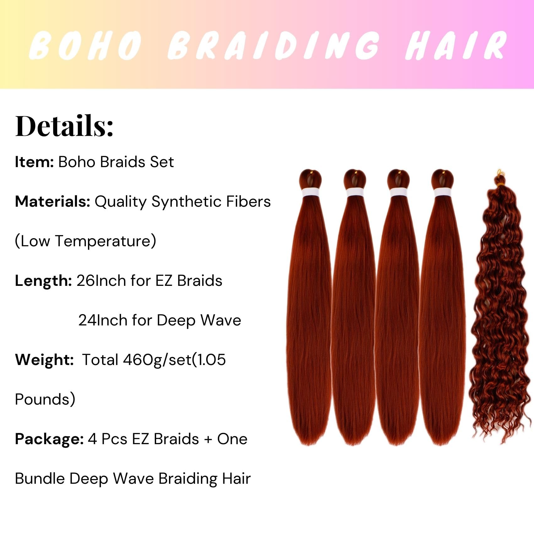Ginger Braiding Hair Pre Stretched For Boho Braids Synthetic Prestretched Ez Braiding Hair For Knotless Box Braids Bohemian Brai
