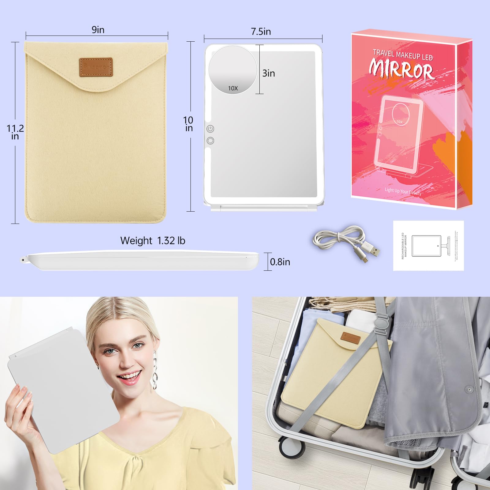 Funtouch Large Rechargeable Travel Makeup Mirror With Light, Portable Makeup Mirror With 10X Magnifying Mirror 3 Lighting Modes,