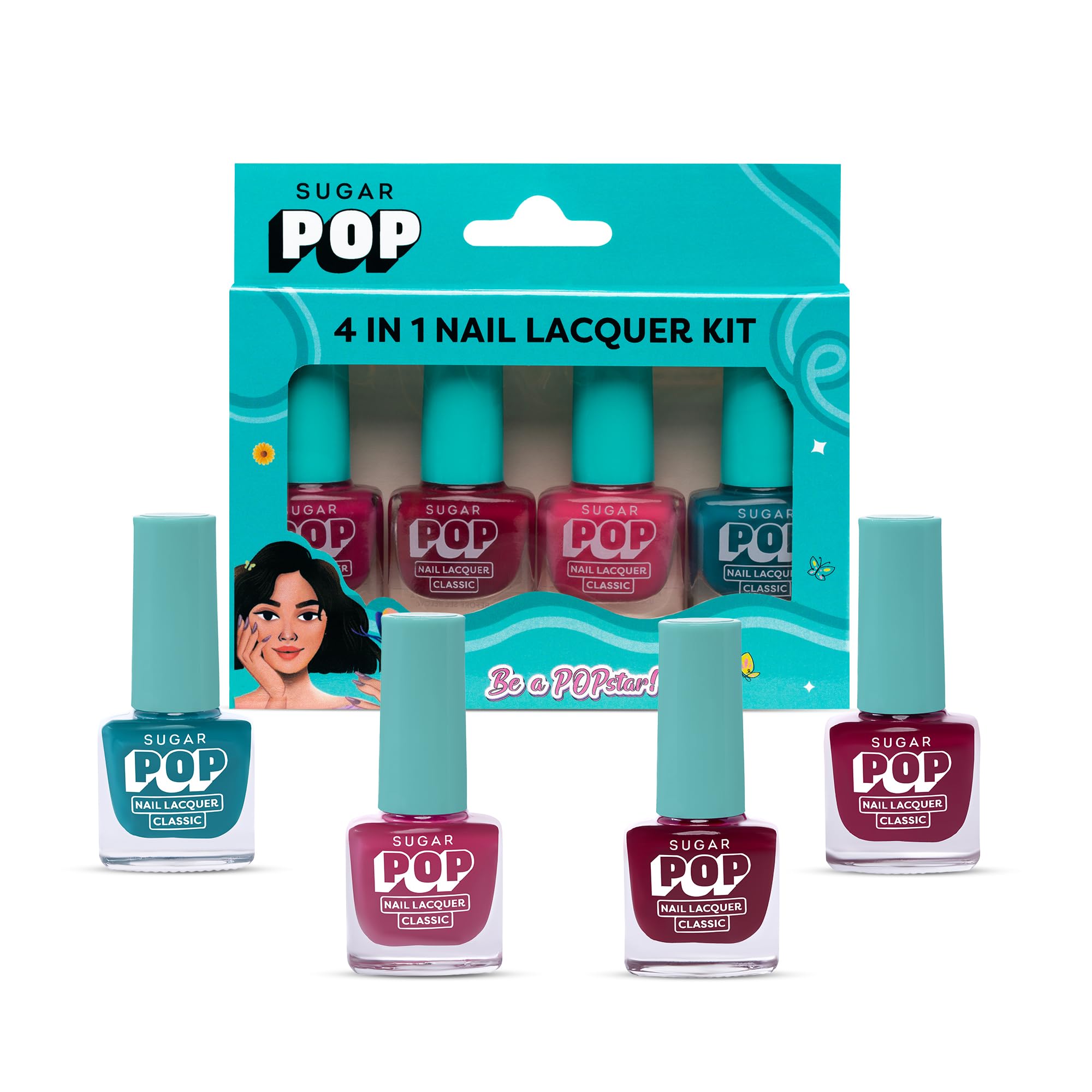 Sugar Pop 4 In 1 Nail Lacquer Kit | Chip-Resistant Formula & Glossy Flinsh | Nail Polish Set - 03 Radiant Rainbow