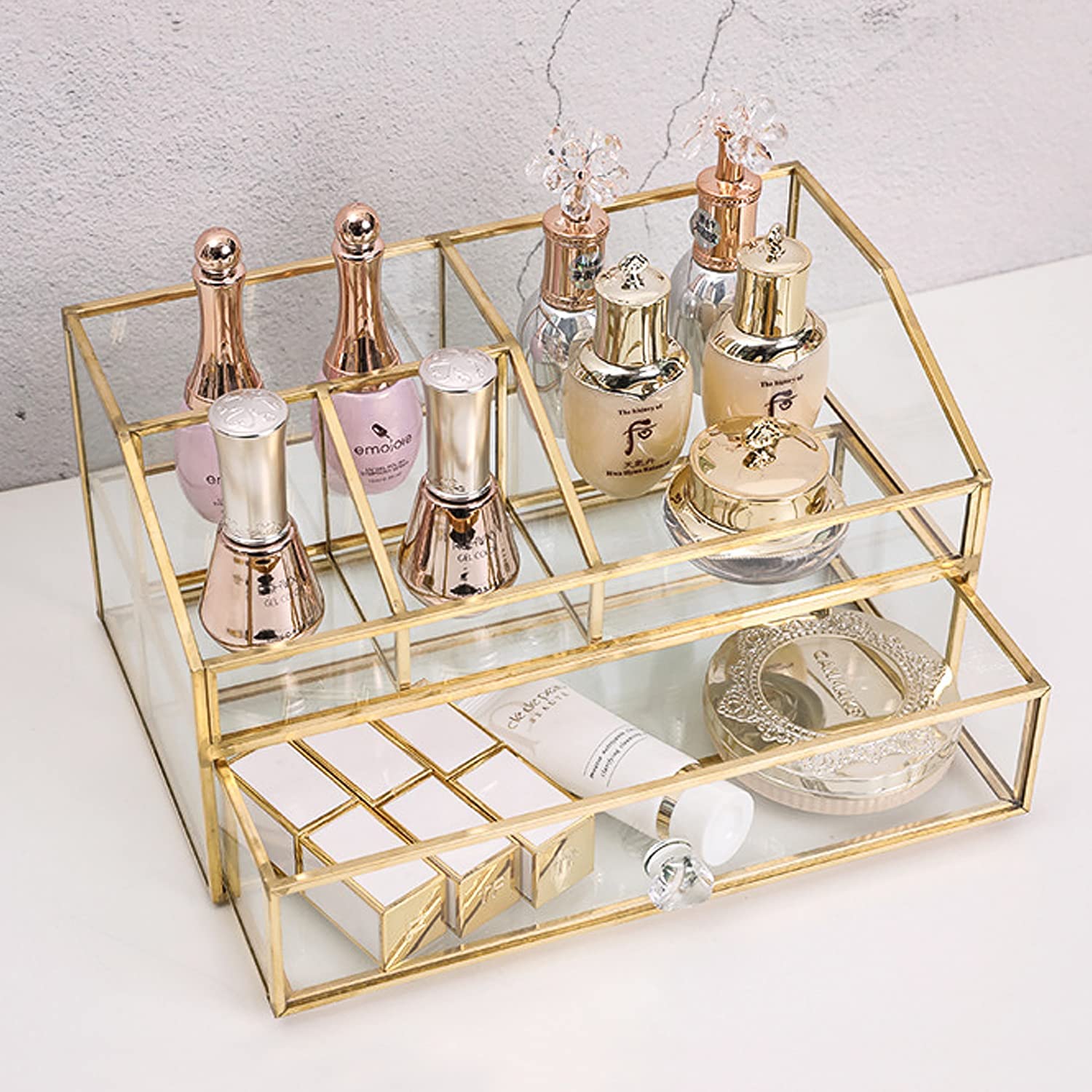 bofeiull Glass Makeup Brush Holder, Makeup Brush Organizer Jewelry Display Box, Nordic Style Elegant Glass Makeup Organizer Nail