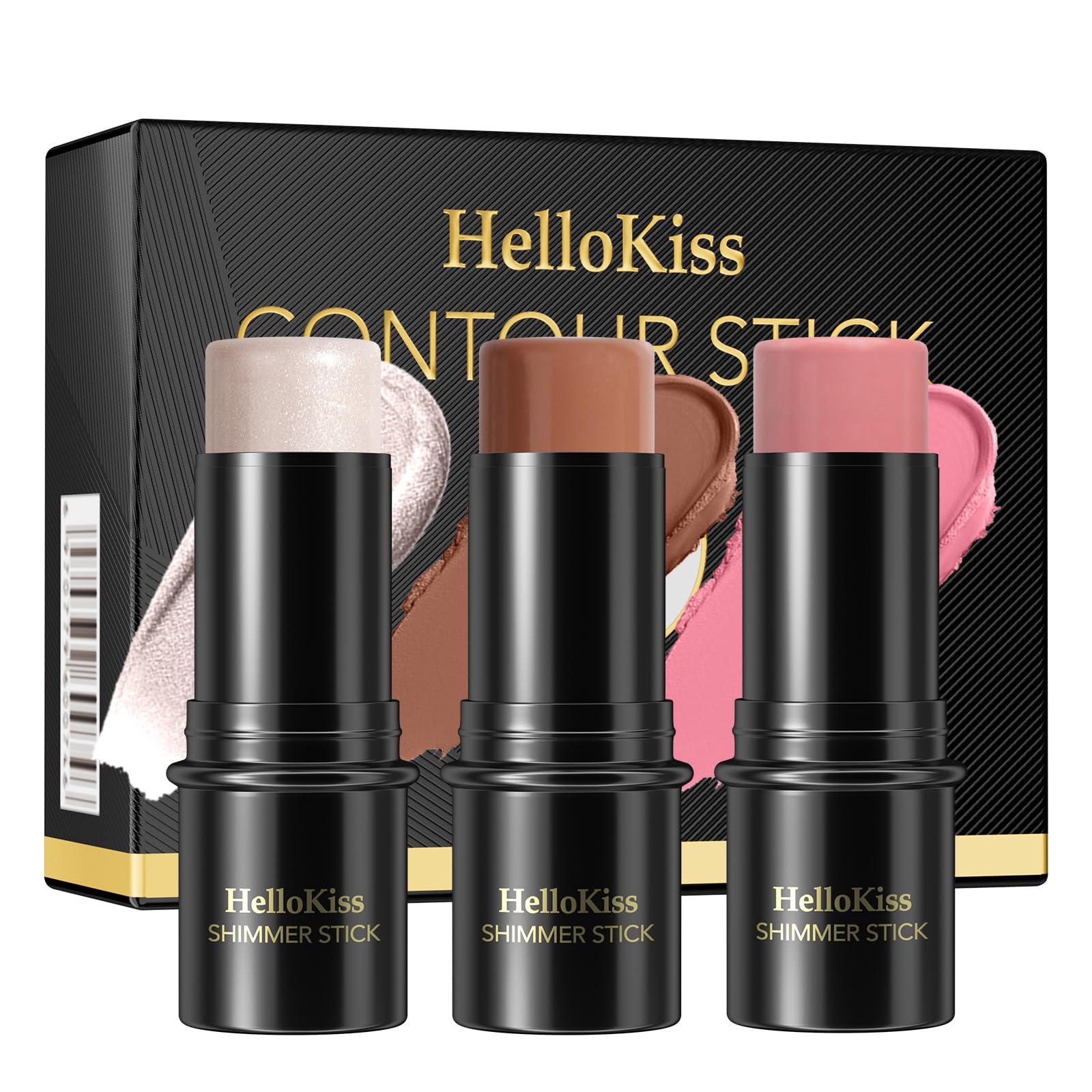 3Pcs Cream Contour Stick Makeup Kit, Shades with Highlighter, Blush and Bronzer Contour Stick for Cheeks, Lips, Eyes, Natural Fa