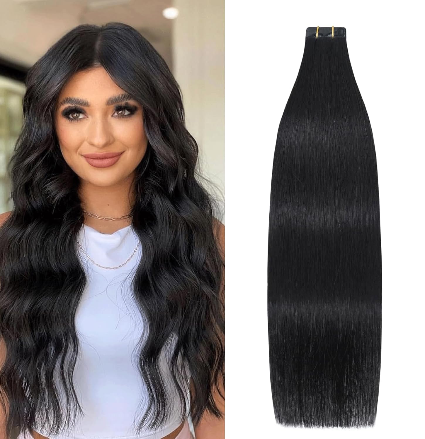 Black Tape in Human Hair Extensions for Women 100% Real Human Hair Tape ins,20/Pcs with 60 Gram (22inch)