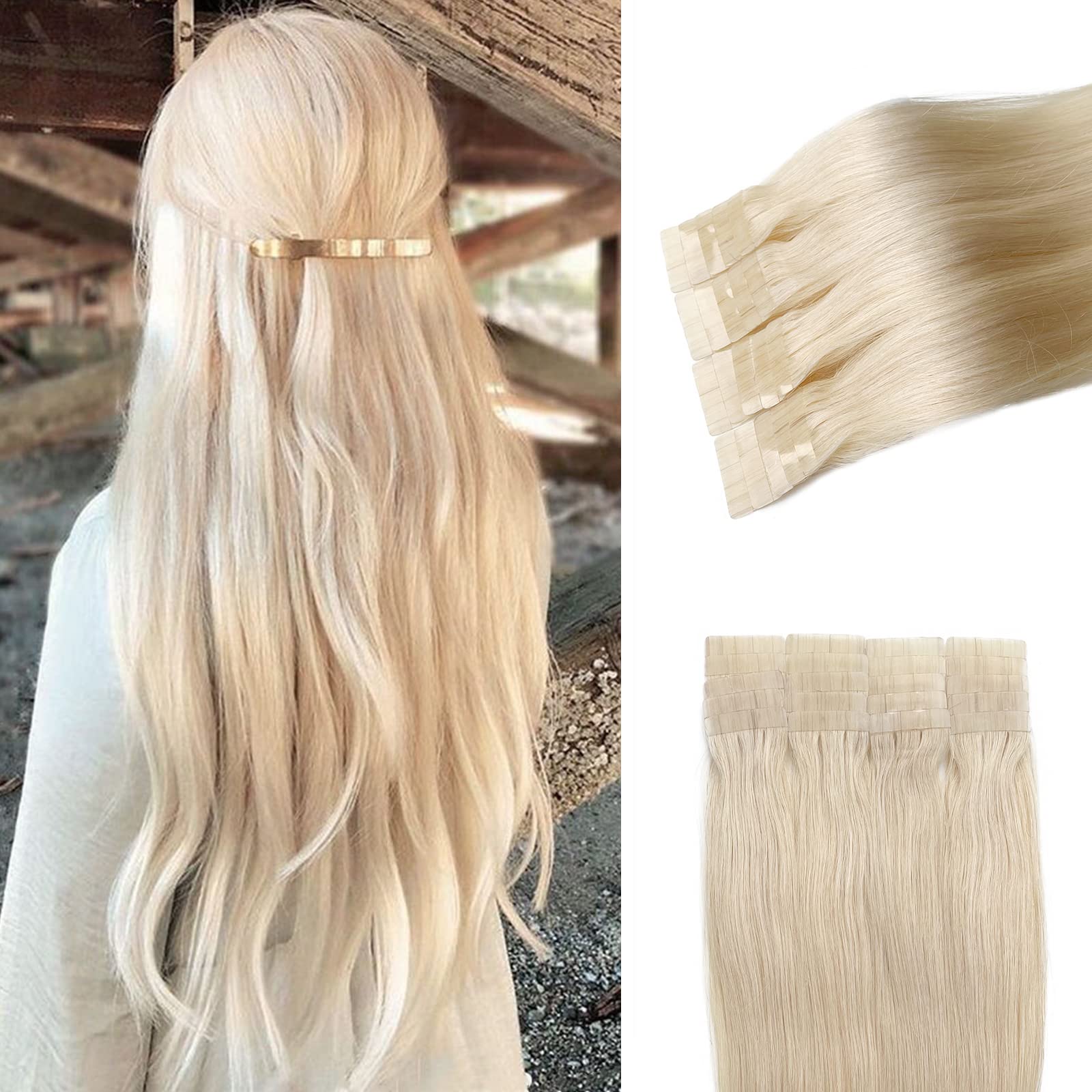 20Pcs 70G Tape In Human Hair Extensions Platinum Blonde Silky Straight Real Hair Extensions Platinum Blonde Tape In Skin Weft 24