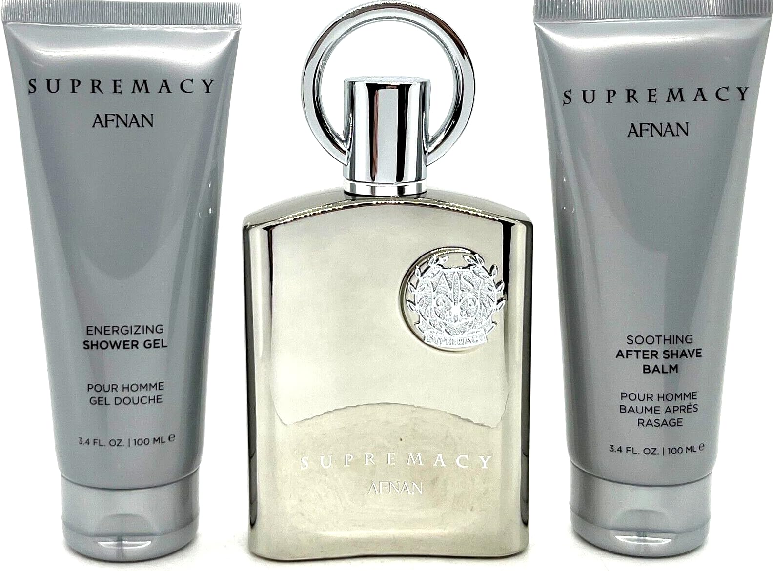Afnan Supremacy Silver 3-Piece Set for Men, (3.4 Oz Eau De Parfum Spray + Body Lotion + Shower Gel)