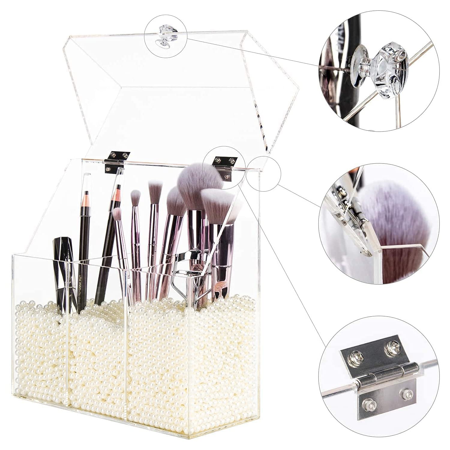 Yestbuy Clear Makeup Brush Holder, Acrylic Makeup Brush Organizer For Vanity, Cosmetic Brush Storage Box With Pearls, For Bathro