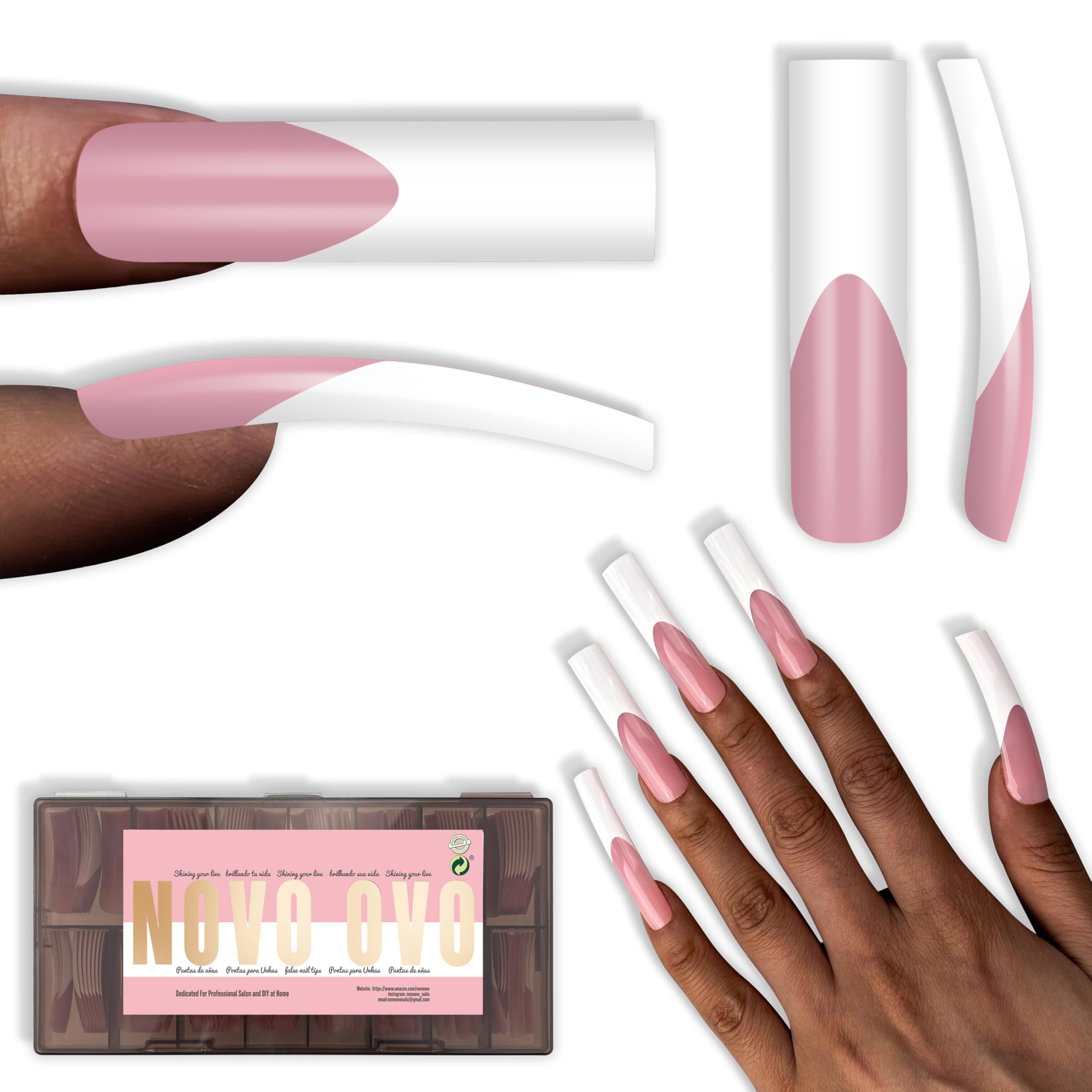 NOVO OVO Halloween XXL Sharp Square Slight Curved Nail Tips French Tip BERRY PINK, Full Cover Press on Acrylic, Extra Thick Soft