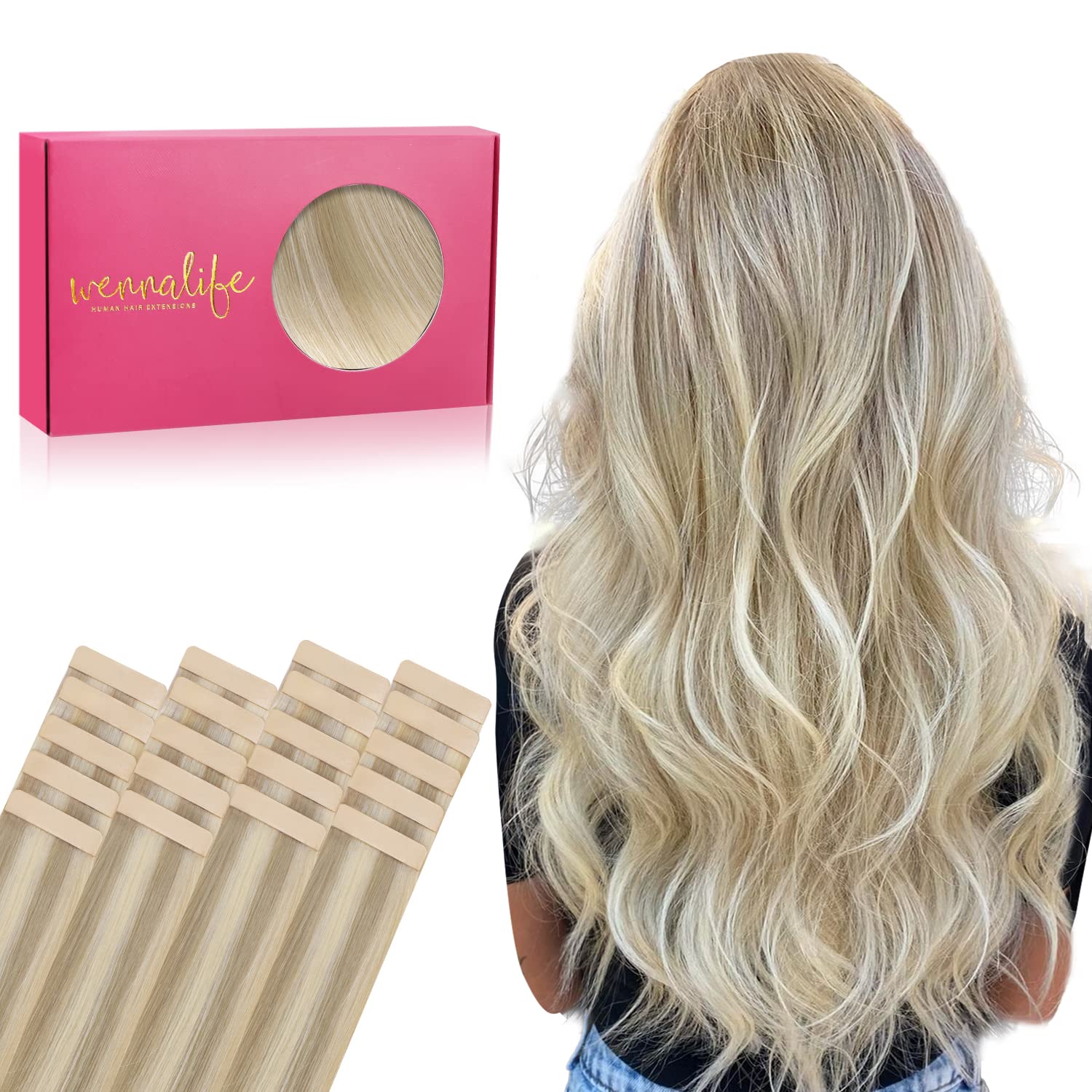 Wennalife Tape In Hair Extensions Human Hair, 20Pcs 20 Inch 50G Ash Blonde To Golden Blonde And Platinum Blonde Remy Tape Hair E