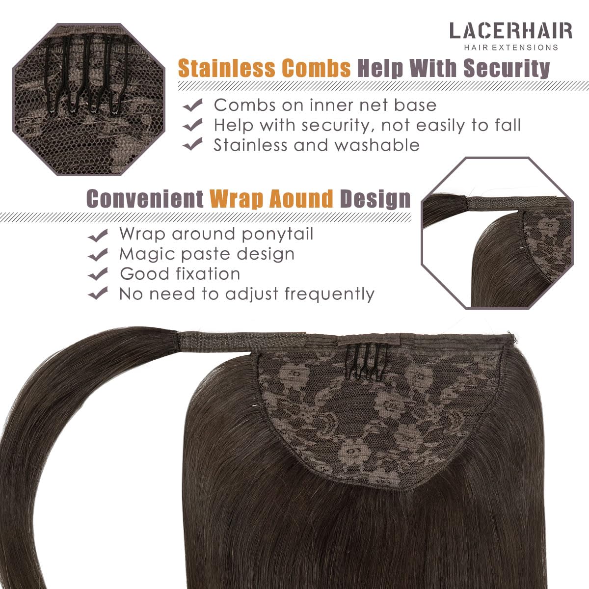 Lacerhair Wrap Around Ponytail Extension Human Hair For Black Women 16 Inch Human Hair Ponytail Hair Extensions Silky Straight O