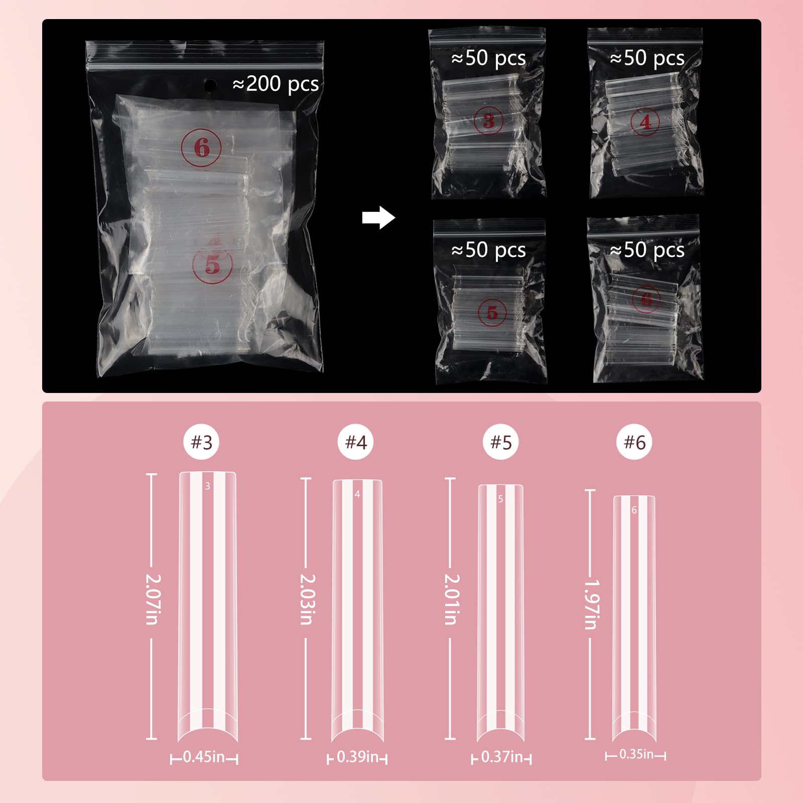 No C Curve Square Refill Nail Tips, 3Xl Long Clear Straight Tapered Square Gel Nail Tips, 200Pcs(Fixed Size No. 3.4.5.6 With Bag
