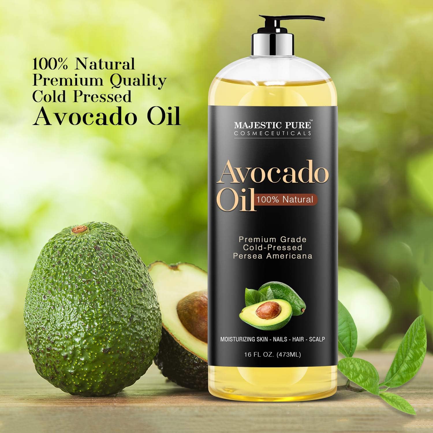 MAJESTIc PURE Avocado Oil - 100% Pure and Natural, cold-Pressed, for Skin care, Massage, Hair care, and carrier Oil to Dilute Es