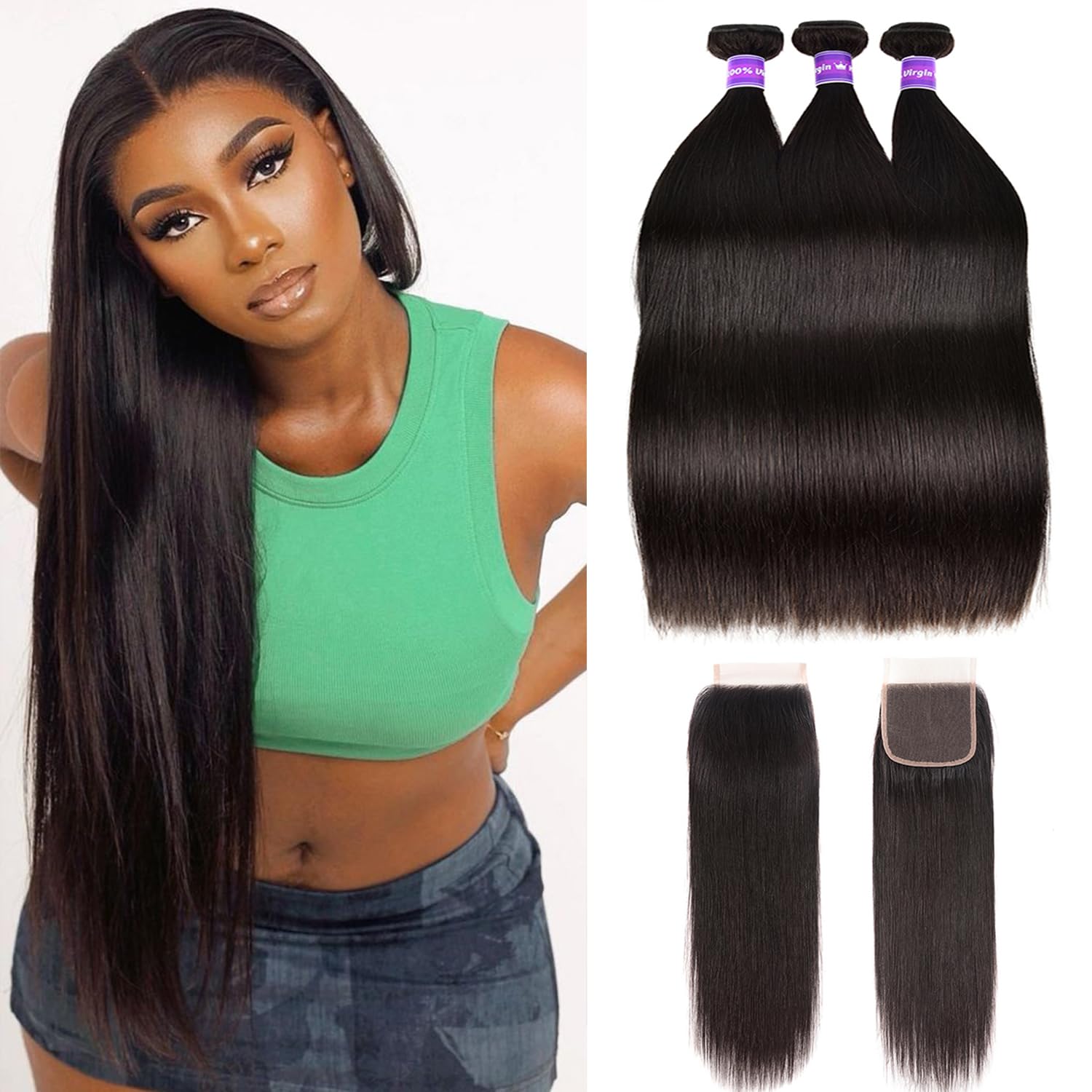 Brazilian Straight 3 Bundles with Closure 26 28 30+20 Straight Hair Bundles with 4x4 HD Closure Free Part 100% Unprocessed Virgi