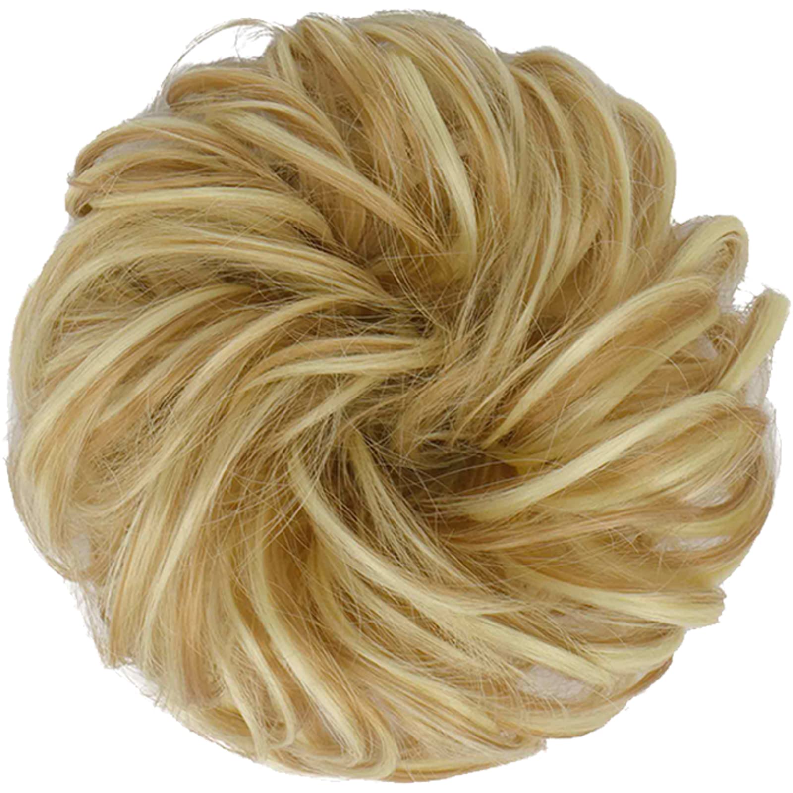 Feshfen Messy Bun Hair Piece Curly Wavy Large Hair Bun Scrunchies Extensions Honey Blonde & Bleach Blonde Synthetic Tousled Updo