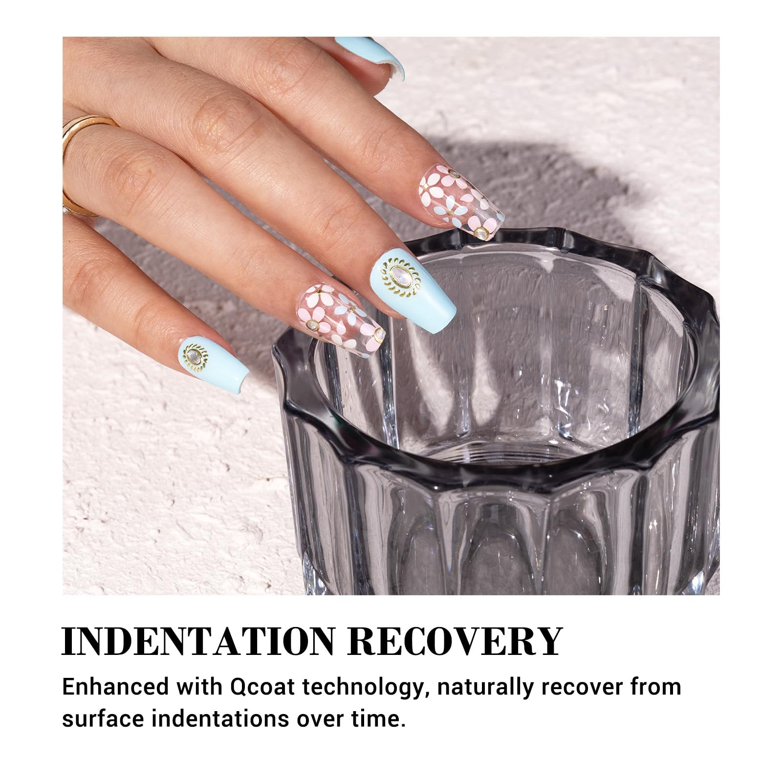 MelodySusie Qcoat Fully Cured Gel Nail Strips, Light Blue Crystal Flowers, UV Free Nail Polish Strips, Salon Quality, Long Lasti