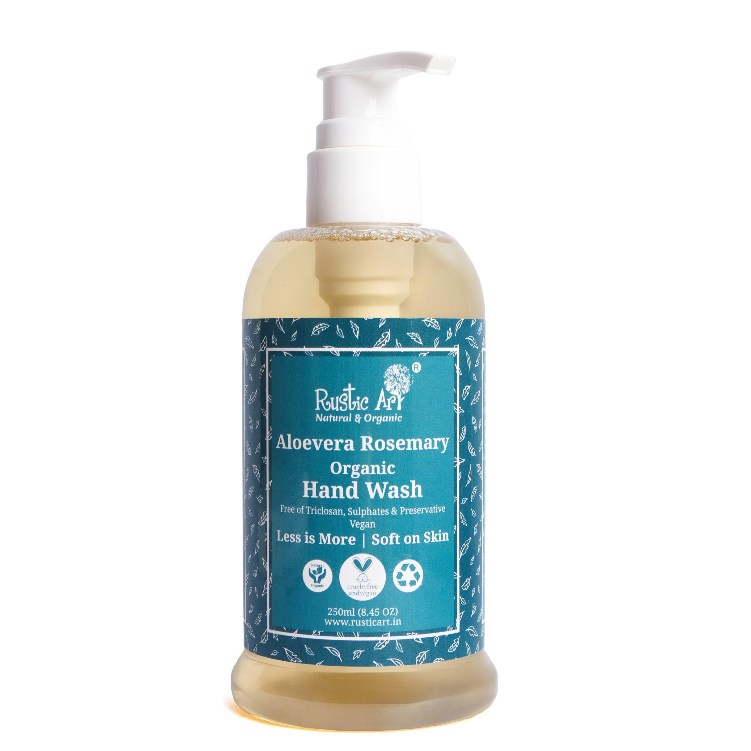 Rustic Art Organic Aloe Vera Rosemary Hand Wash | Natural, Vegan | Non-Drying, Hydrating | Sulphate & Paraben Free | 250Ml